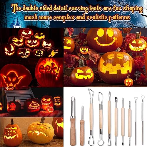 Miniatura 5 de Kit de tallado de calabaza, herramientas de Halloween, juego profesional de tallado de 15 piezas, acero inoxidable de doble cara, herramienta de