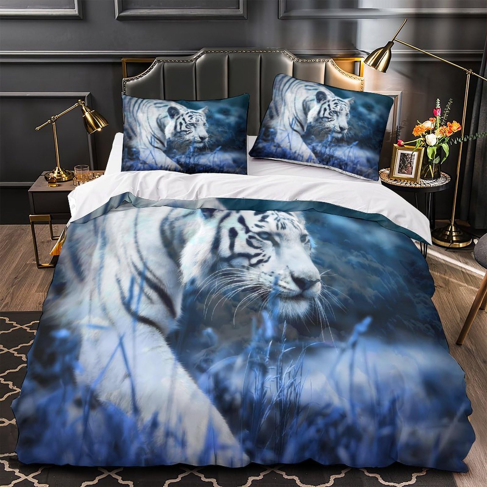 Parure de Lit Tigre Blanc avec Housse de Couette 140x200 Microfibre et Taie d'Oreiller Enfant Single
