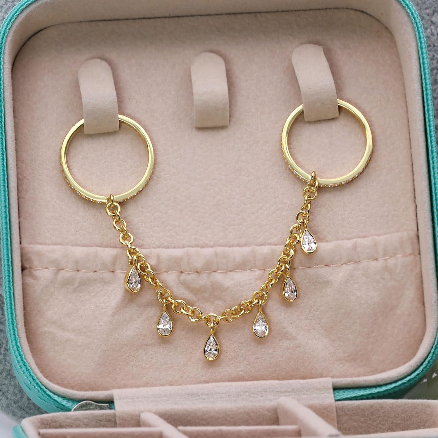 Memoria Jewels 925 Sterling Silver Gold Plated Double Ring Band with Chain & Zirconia Drops for Women | Fashion Statement Ring | Valentine’s Day Gift for Wife, Girlfriend.