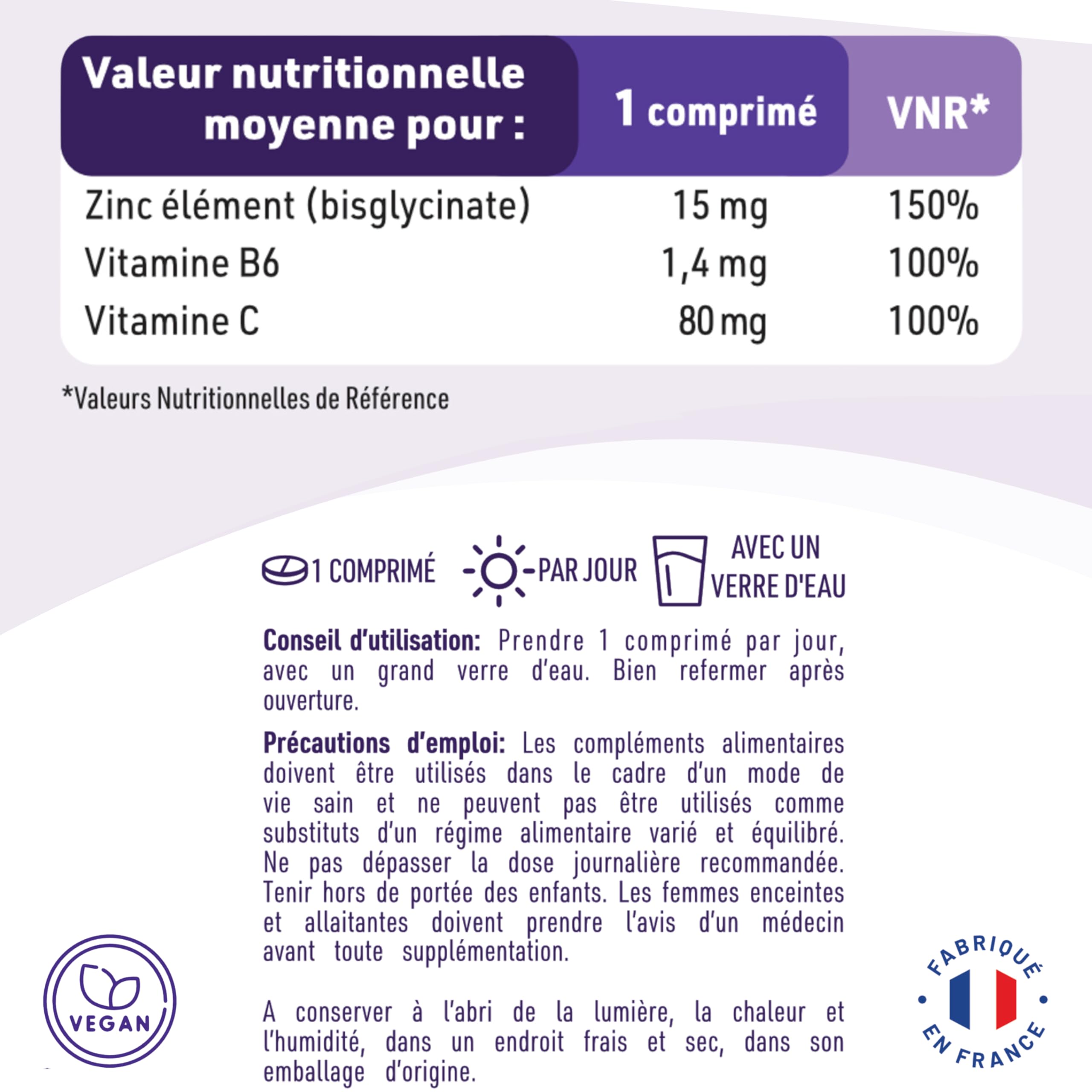 Zinc Bisglycinate + Vitamines B6 et C - Haute Absorption - Immunité, Antioxydant, Peau - Sans Lactose, Sans Gluten - Fabriqué en France - Cure 1 An, 365 Comprimés - Pure Lab Nutrition®