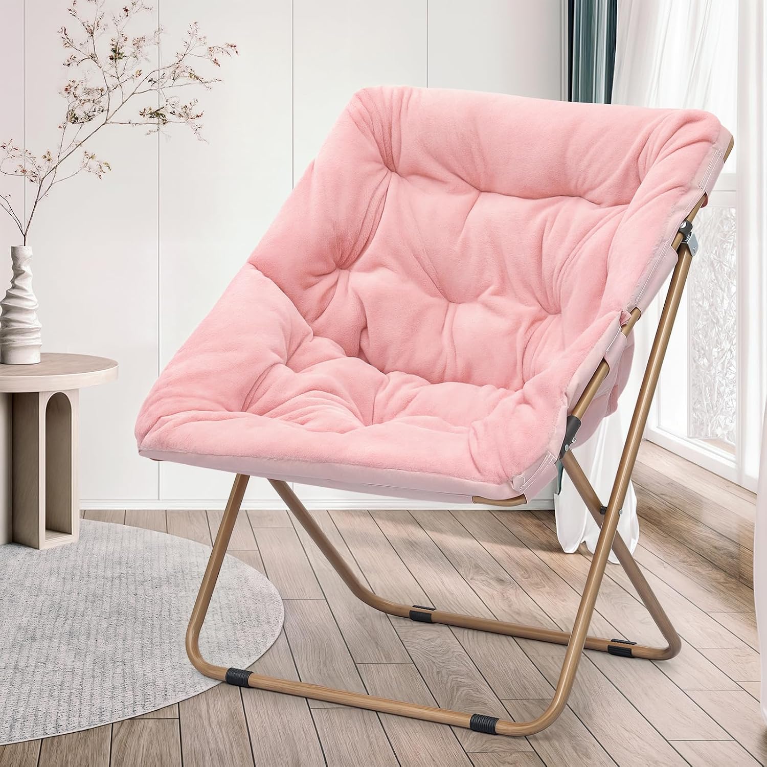 MoNiBloom Square Folding Faux Fur Saucer Chair for Bedroom Living Room Dorm Garden Courtyard Foldable Metal Frame Oversized Large Comfy Furry Padded Soft Lounge Lazy Cozy Moon Chair for Adults (Pink)