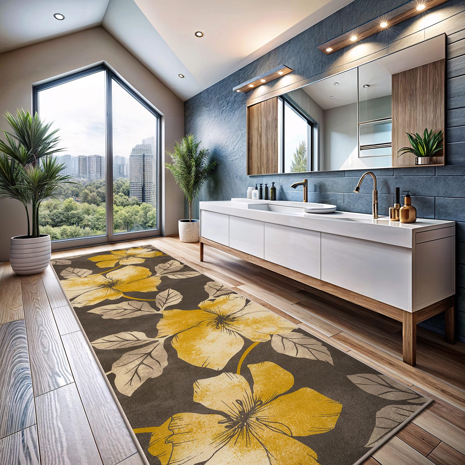 CAMILSON Solana Modern Floral 2' x 7' Area Rugs Non-Skid (Non-Slip) Rubber Backing Yellow - Brown Flowers Indoor Rug (2x7, Yellow Brown)