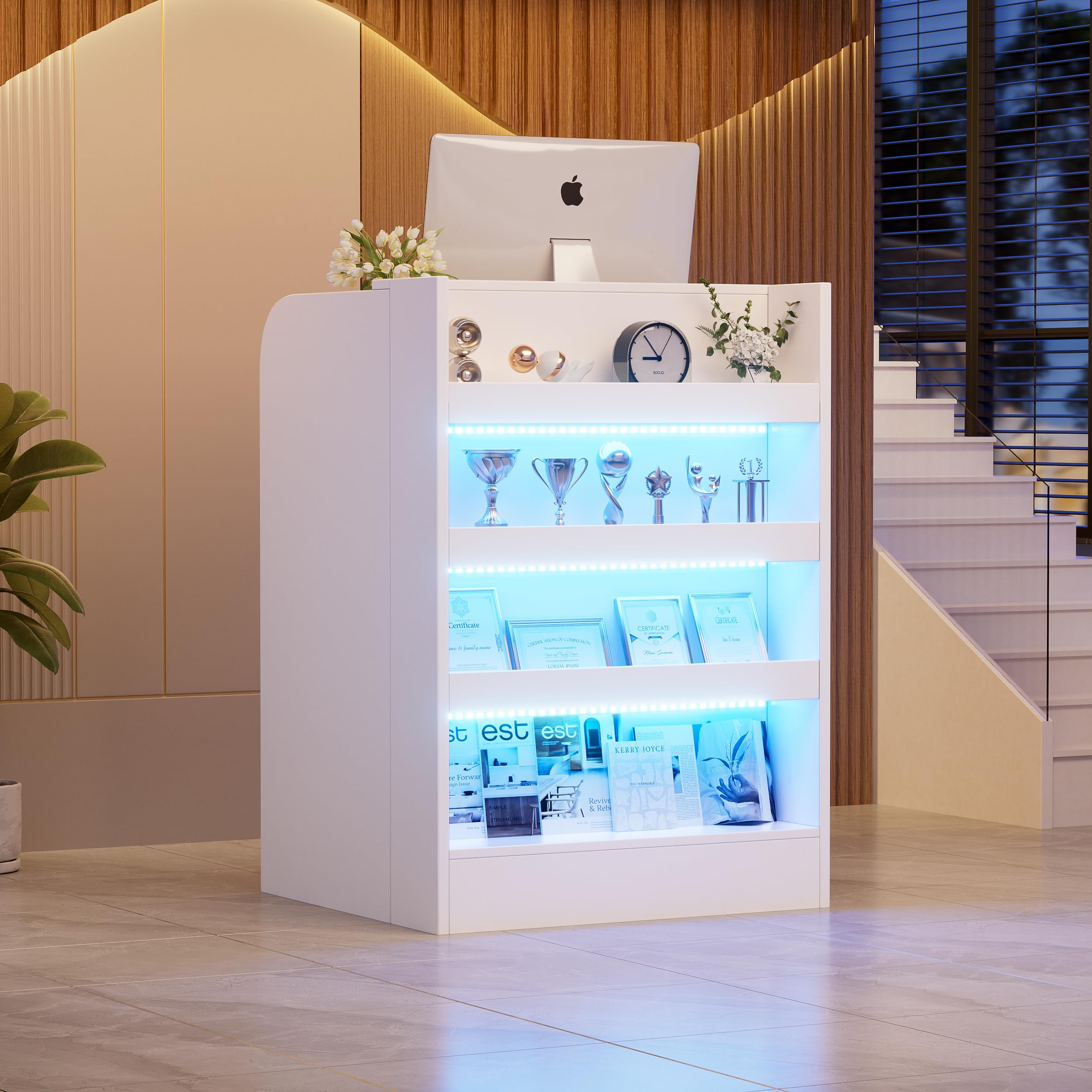 Mostrador de Recepción con Iluminación LED y Estante Expositor, Mesa de Mostrador con Cerradura y 4 Estantes, Pequeño Mostrador de Recepción para Oficina, Tienda, Salón, 95 x 60 x 60 cm, Blanco