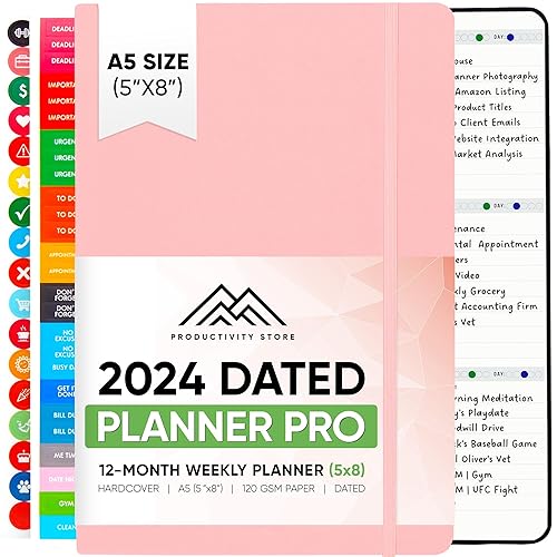 2024 Planner Pro 5.8 x 8.3 - Dated Productivity &amp; Business Planner Notebook &amp; Journal - Monthly Planner 2024 &amp; Daily Planner 2024-2025 - A5 - Pink - Productivity Store