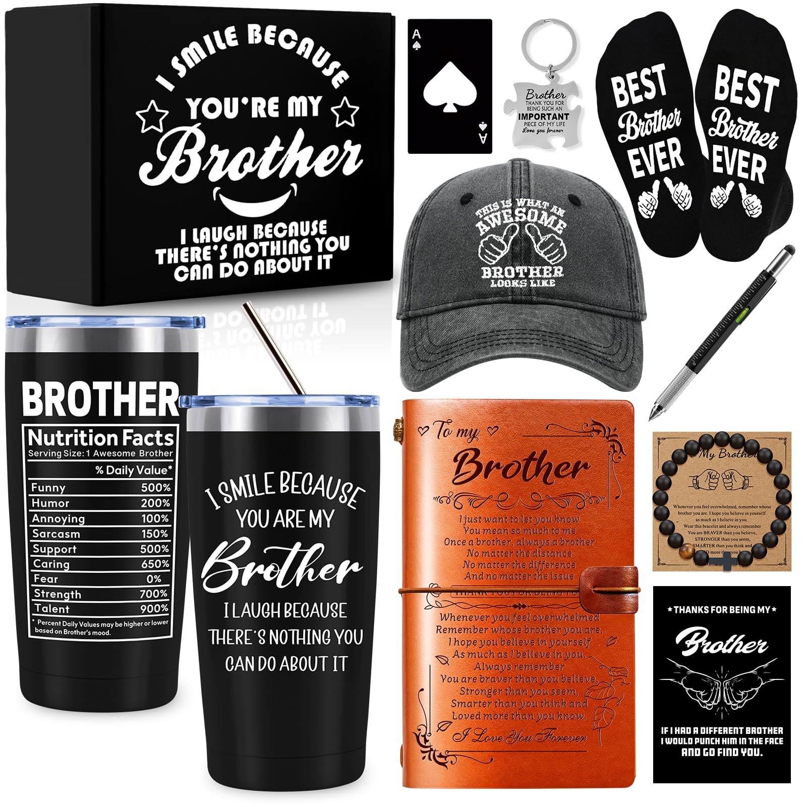 10 PCS Brother Gifts from Sister with 20 Oz Tumbler Journal Cap Bracelet Socks Pen, Birthday Christmas Christian Gift for Brother Adult, Son, Nephew, Grandson