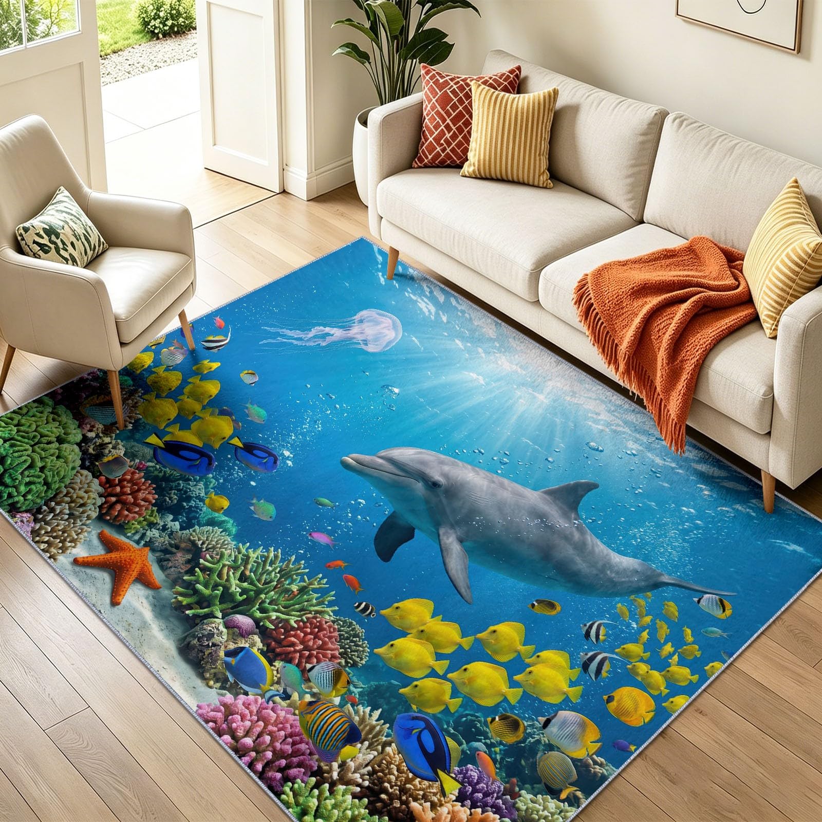 Underwater Animals Area Rugs for Living Room 120x180 cm, Dolphin Coral Jellyfish Prints Anti-Slip Machine Washable Rug, Blue Soft Low Pile Floor Covering Carpets for Dining Room Bedroom Hallway Office