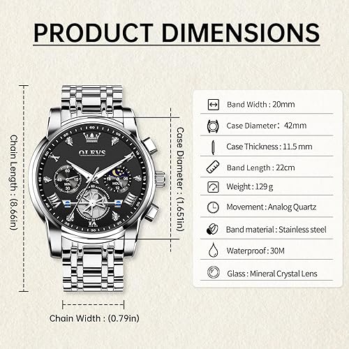 Miniatura 6 de OLEVS Watches for Men Dress Watch Chronograph Luxury Stainless Steel Big Face Men Watches Multi-Function Easy to Read Diamond Roman Numerals