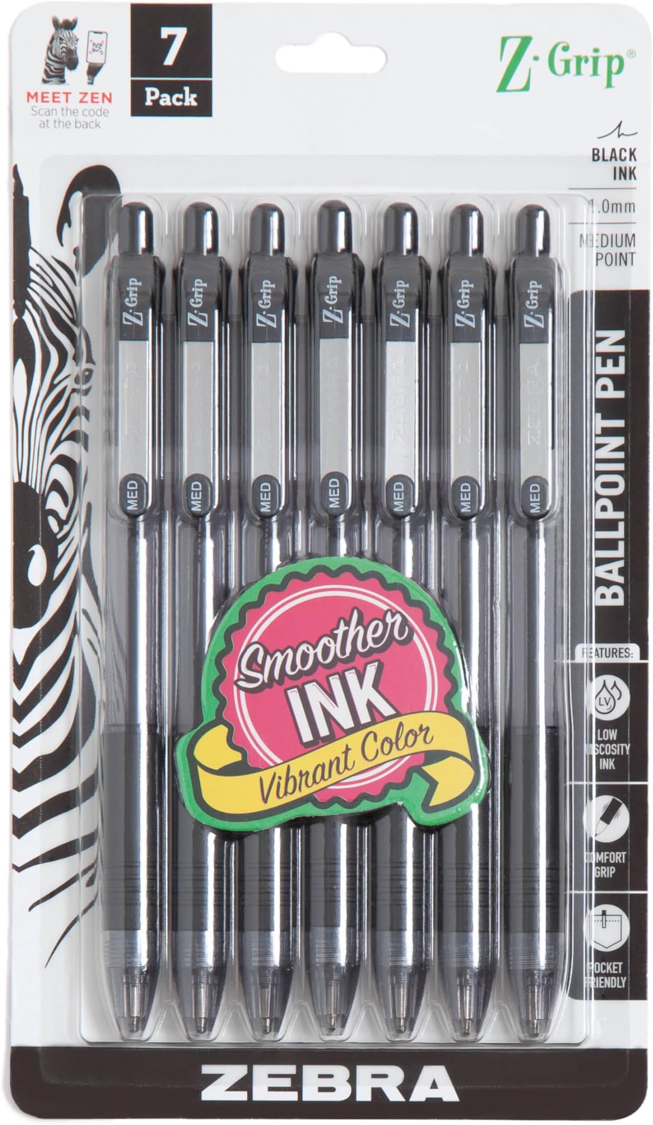 Zebra Pen Z-Grip Retractable Ballpoint Pen, Medium Point, 1.0mm, Black Ink, 7 Pack