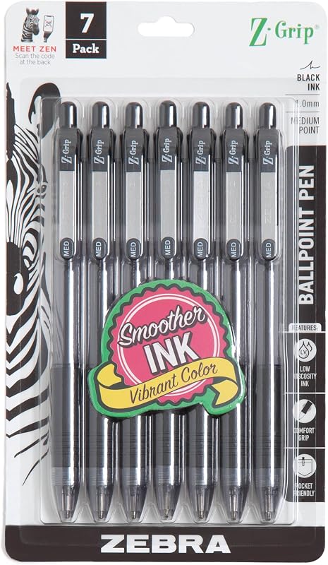 Bolígrafo retráctil Zebra Pen Z-Grip, tinta negra, 1,0 mm, paquete de 7 | Escritura suave, punta de punta media, ideal para planificadores, toma de notas, útiles escolares y de oficina y escritura diaria (22271)