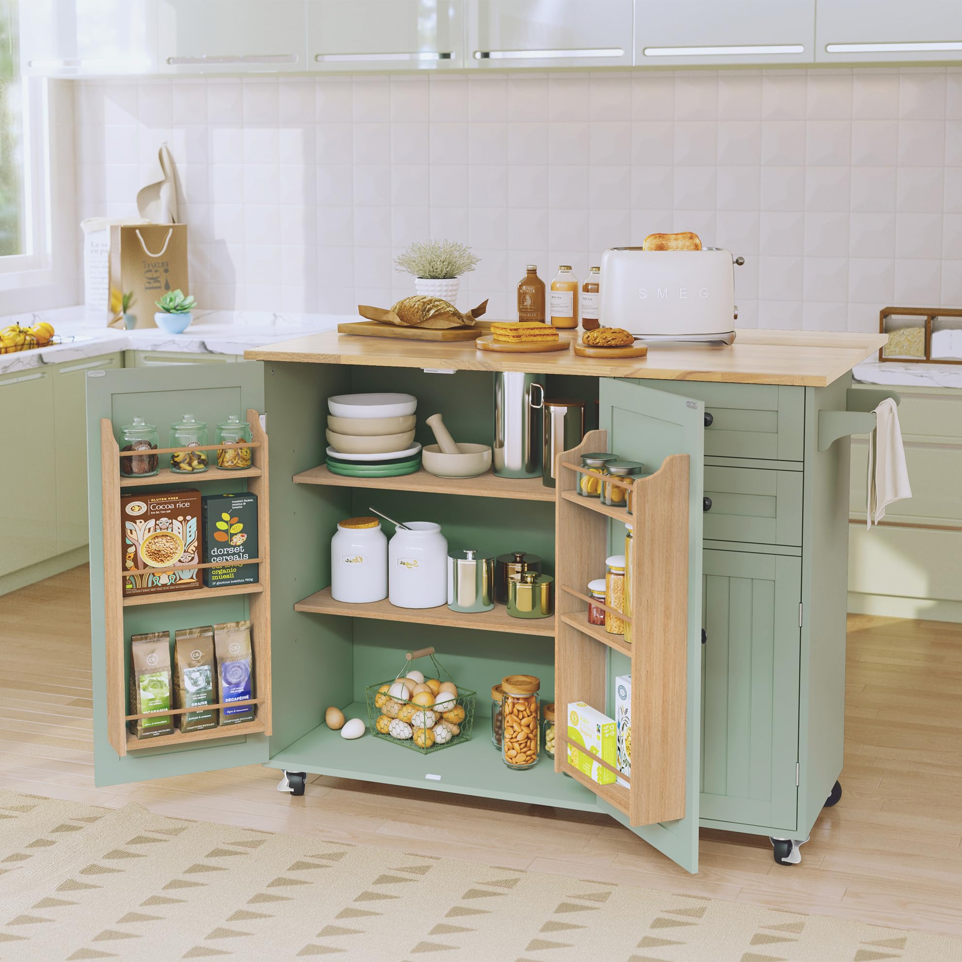 HOLTICO Îlot Central de Cuisine Mobile avec Plan de Travail Pliable, Desserte de Cuisine à roulettes avec Rangement à Épices, 2 Tiroirs et Étagères Réglables, Meuble de Cuisine, 128x46x91 cm, Vert