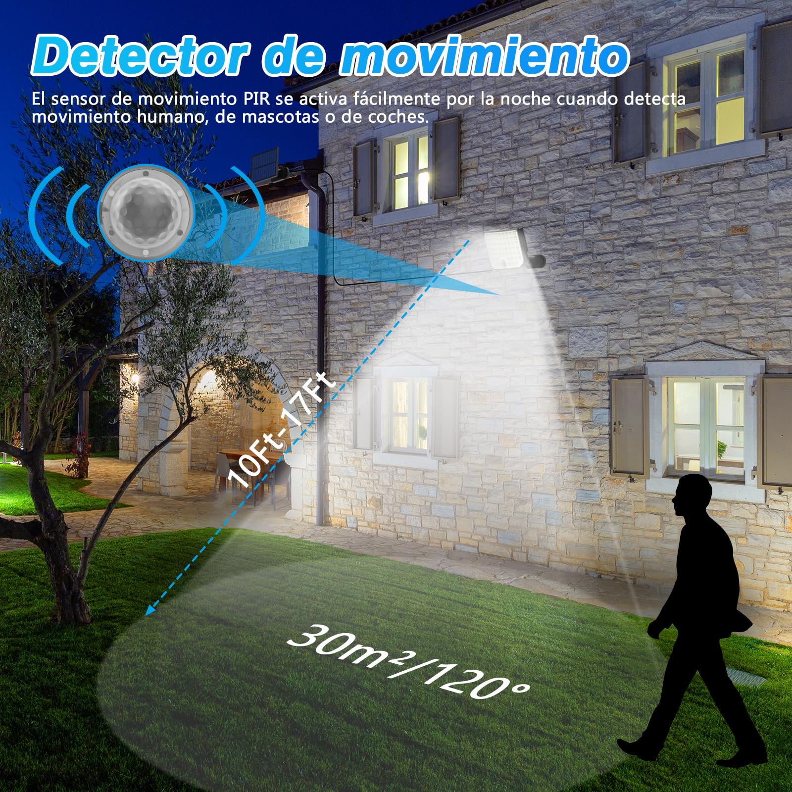 Luces Solares Exterior Jardin, Foco Solar 256 LED 2 Paquete Separar Lampara Solar con Mando a Distancia 3 Modes IP65 con Sensor de Movimiento para Garajes Caminos