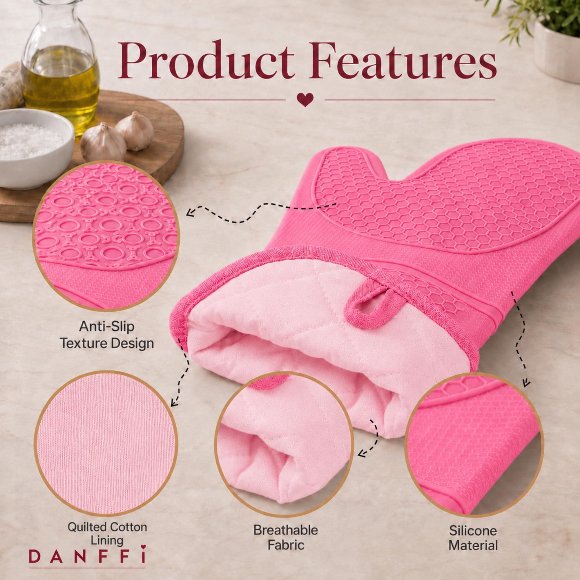 Silikon-Ofenhandschuhe und Topflappen, hitzebeständige Küchenhandschuhe, rutschfester, strukturierter Griff, flexibles Silikon mit weichem Baumwollfutter (6 Stück, Rosa)