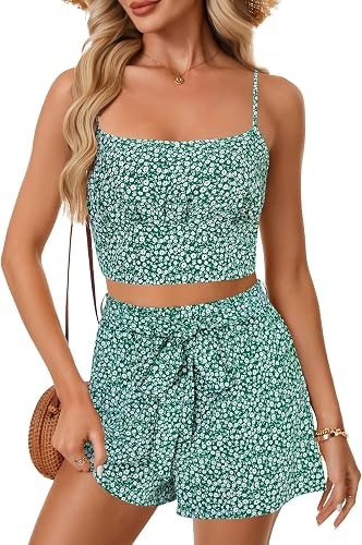 Vrtige Women's Two Piece Outfit Floral Print Crop Cami Top and Bow Tie Short Set