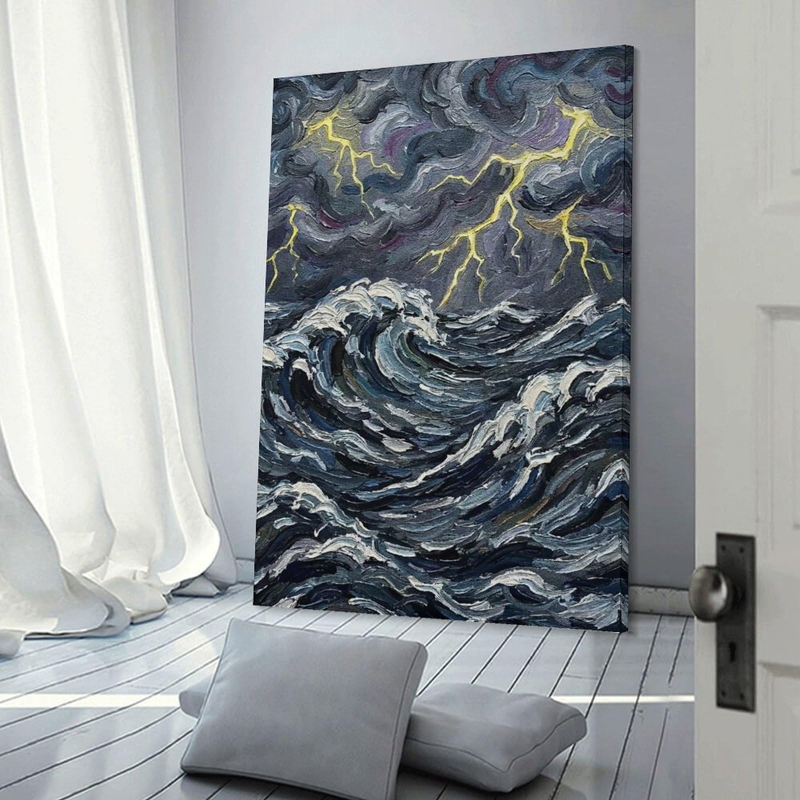Junmoney Frame-Style-2 Room Decor Wall Art Stormy Sea Painting With Lightning, 20X30inch(50X75cm), For Home Office, Desk Area Or Studio, An Interior Accent For Desk Areas