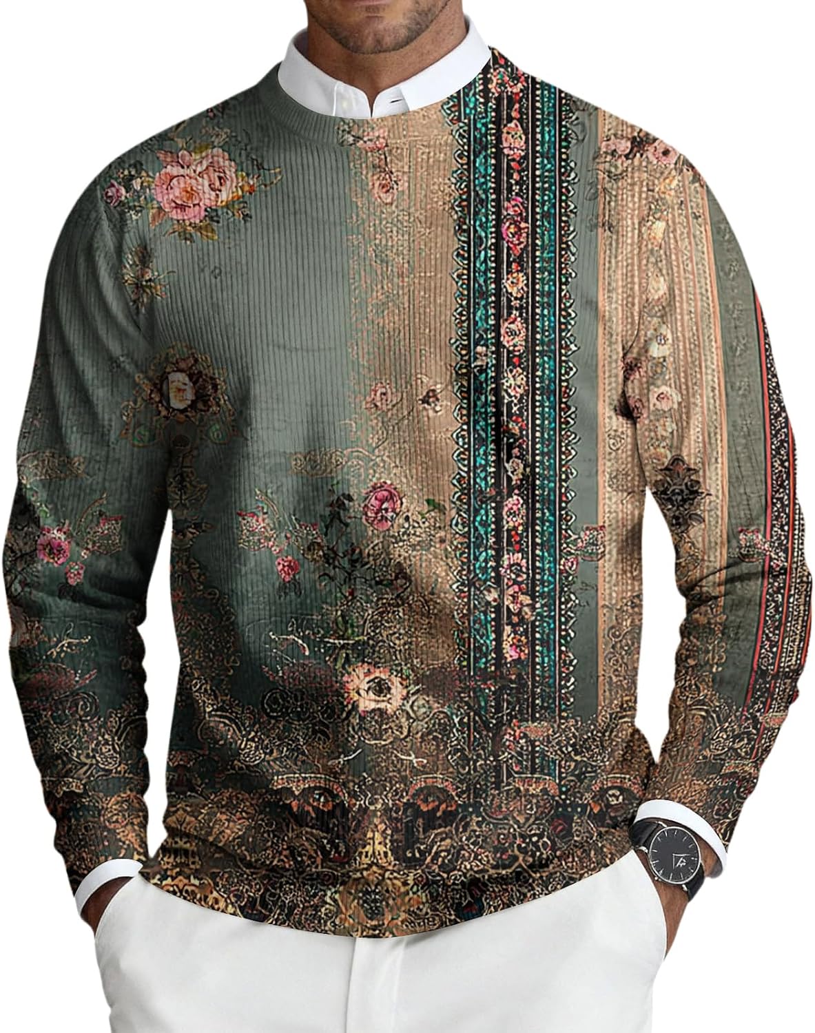 Mens Vintage Print Sweatshirts Fall Long Sleeve Crewneck Ribbed Knit Pullover Fashion Tops Casual Loose Outfits