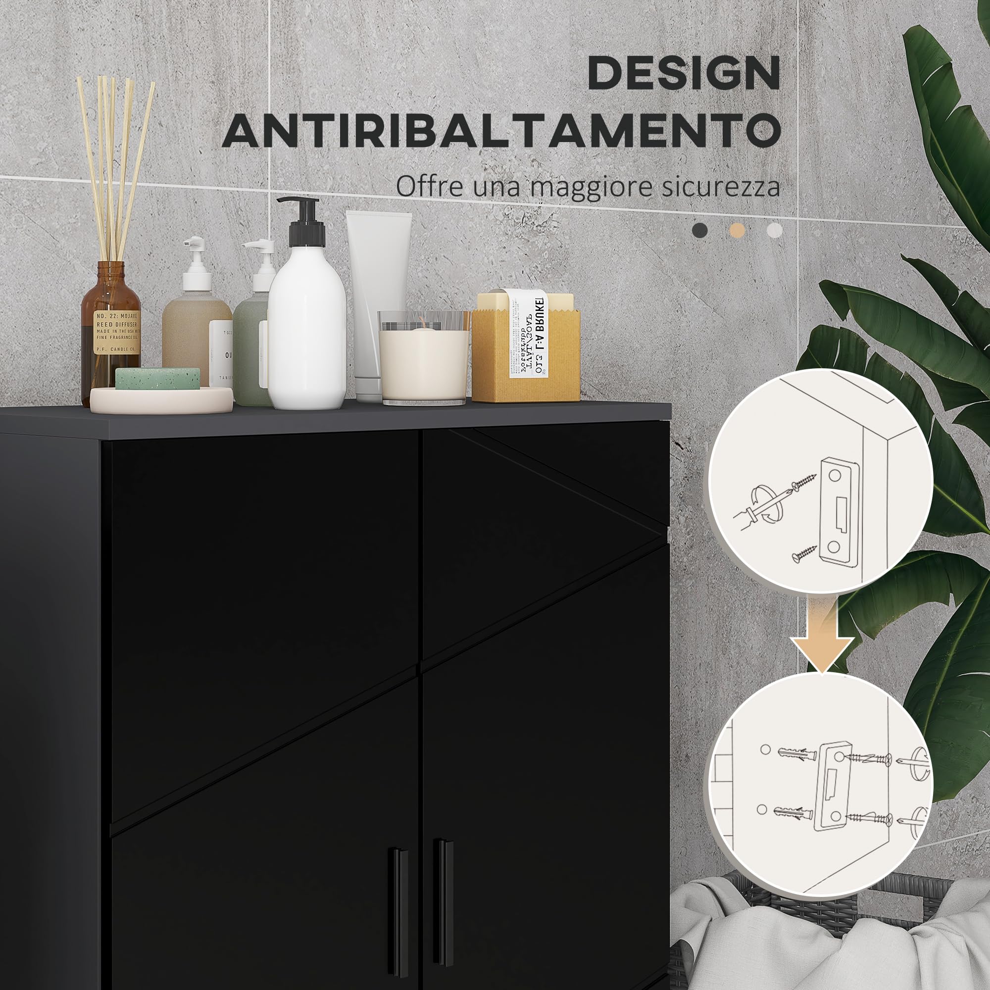 kleankin Mobile Bagno Salvaspazio in Legno 2 Ante 60x30x82cm Nero Lucido | Armadietto Bagno, Chiusura Soft Close, 3 Ripiani