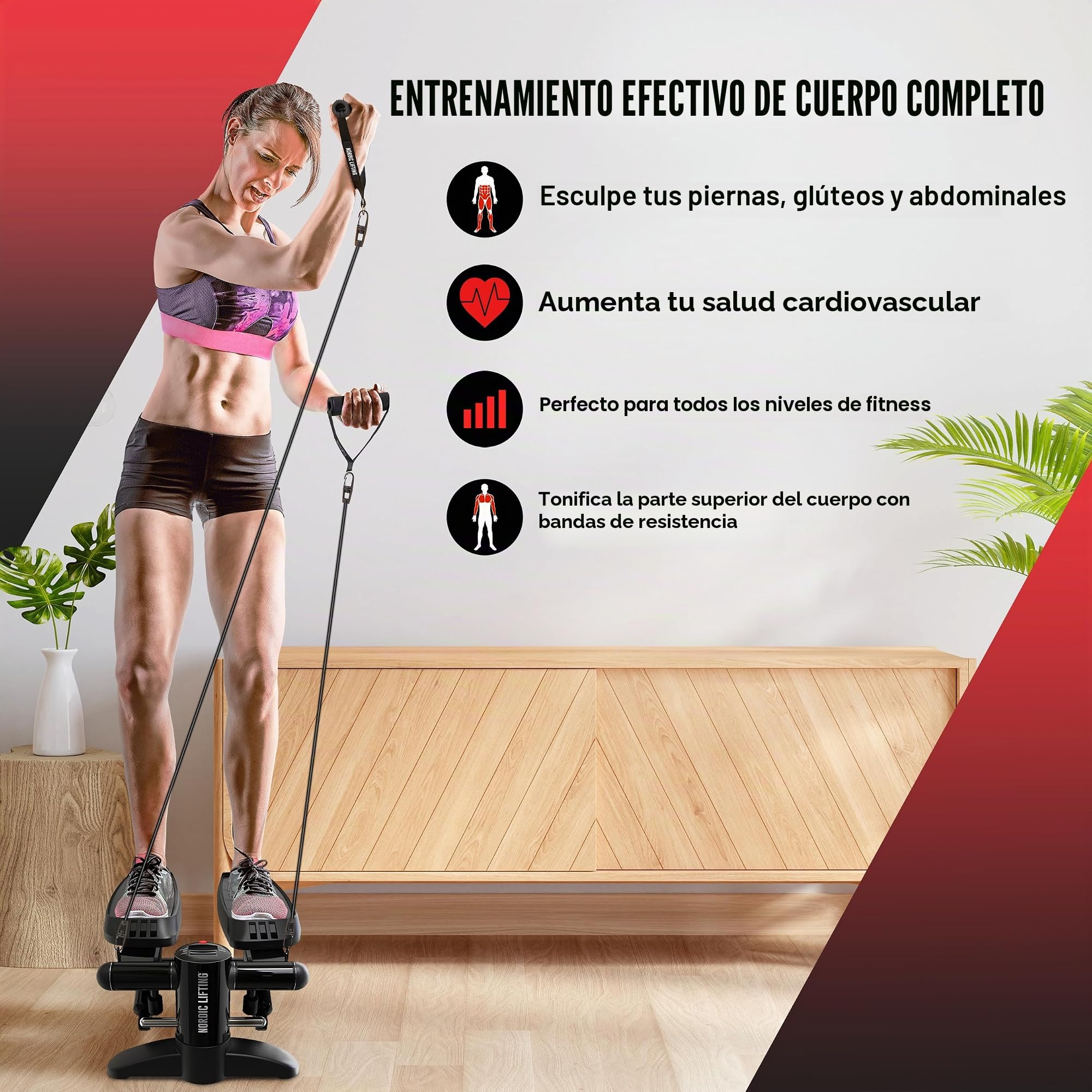 Mini Stepper y Máquina de Escalada Nordic Lifting – con Bandas de Resistencia y Pedales Antideslizantes – Estructura Resistente con Capacidad de Carga de 150 kg – Pantalla LCD