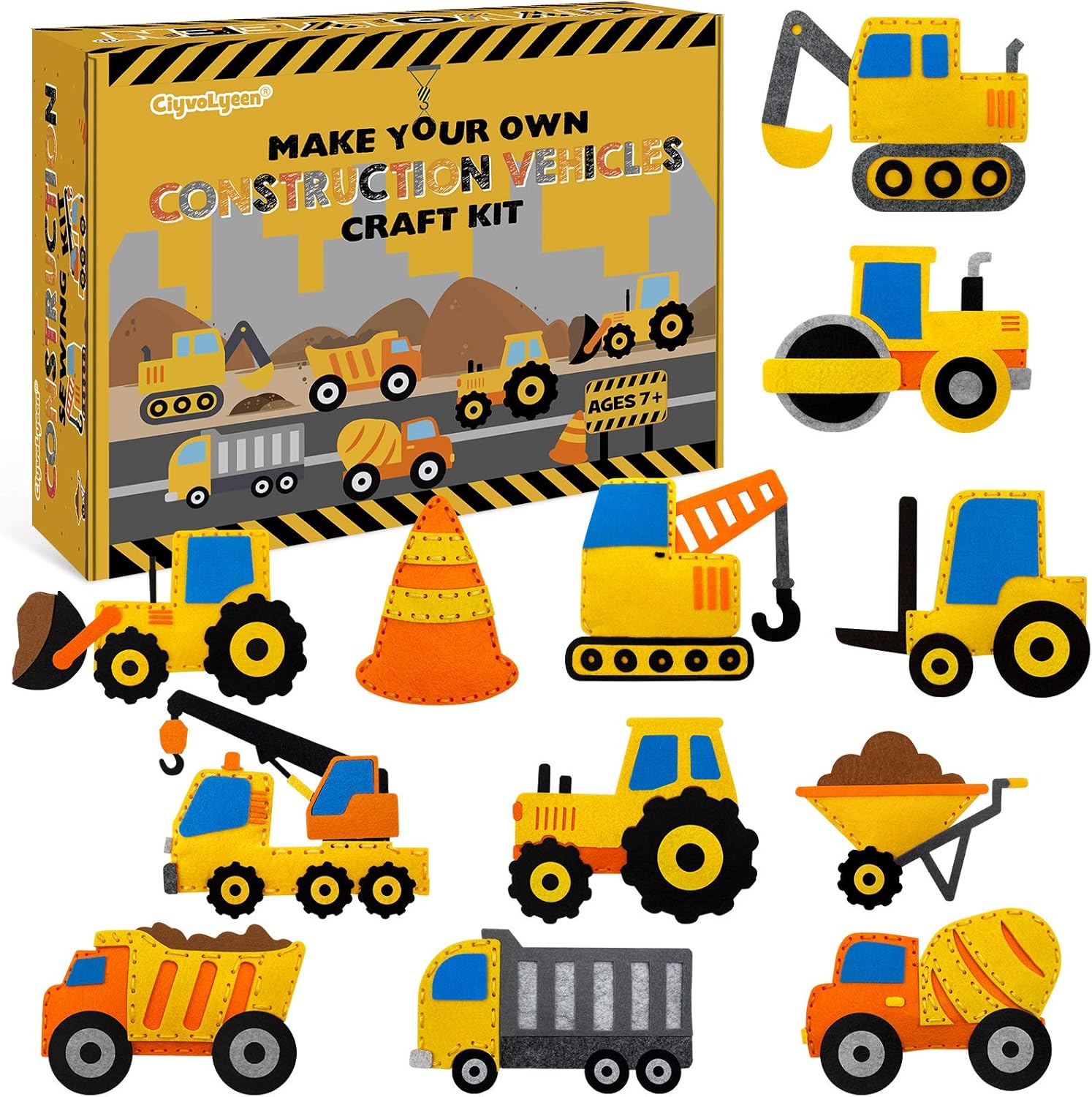 CiyvoLyeen Construction Craft Kit for Kids Make Your Own Construction Vehicles, Felt Plush Sewing Kit Includes 12 Creative Projects for Sewing Beginners, Fun DIY Educational Gift for Boys and Girls : Toys & Games