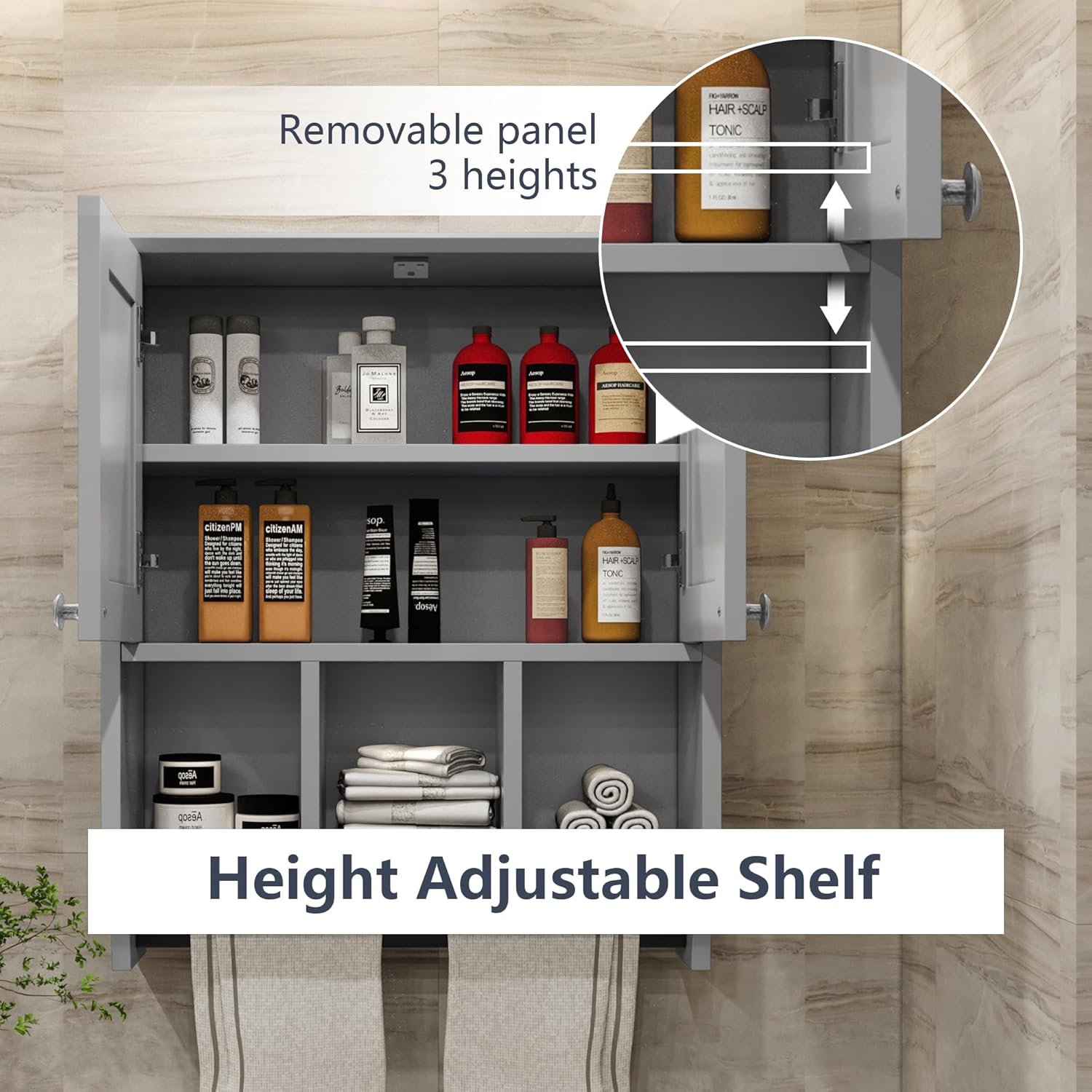 Medicine Cabinets, Bathroom Cabinet Wall Mounted 2-Door with 3 Open Shelves, Over The Toilet Storage Cabinet with Towels Bar for Toilet, Bathroom (Grey)