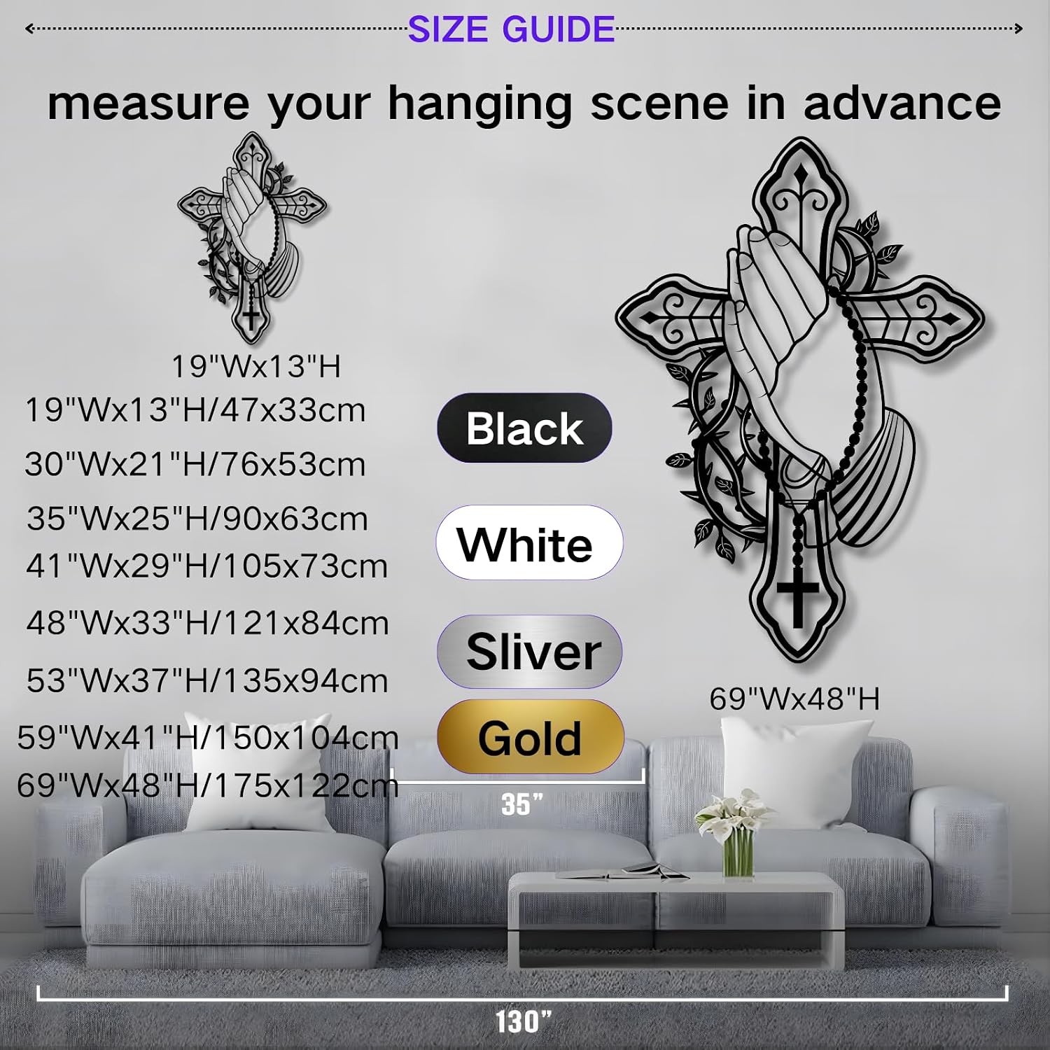 Prayer Hand Decoration Metal Wall Decoration Christian Wall Decor Cross Wall Art Decor Religious Faith for Living Room Bedroom Indoor Outdoor Garden Home Decoration (Black, 19"Wx13"H/47x33cm, Metal Wall Art)