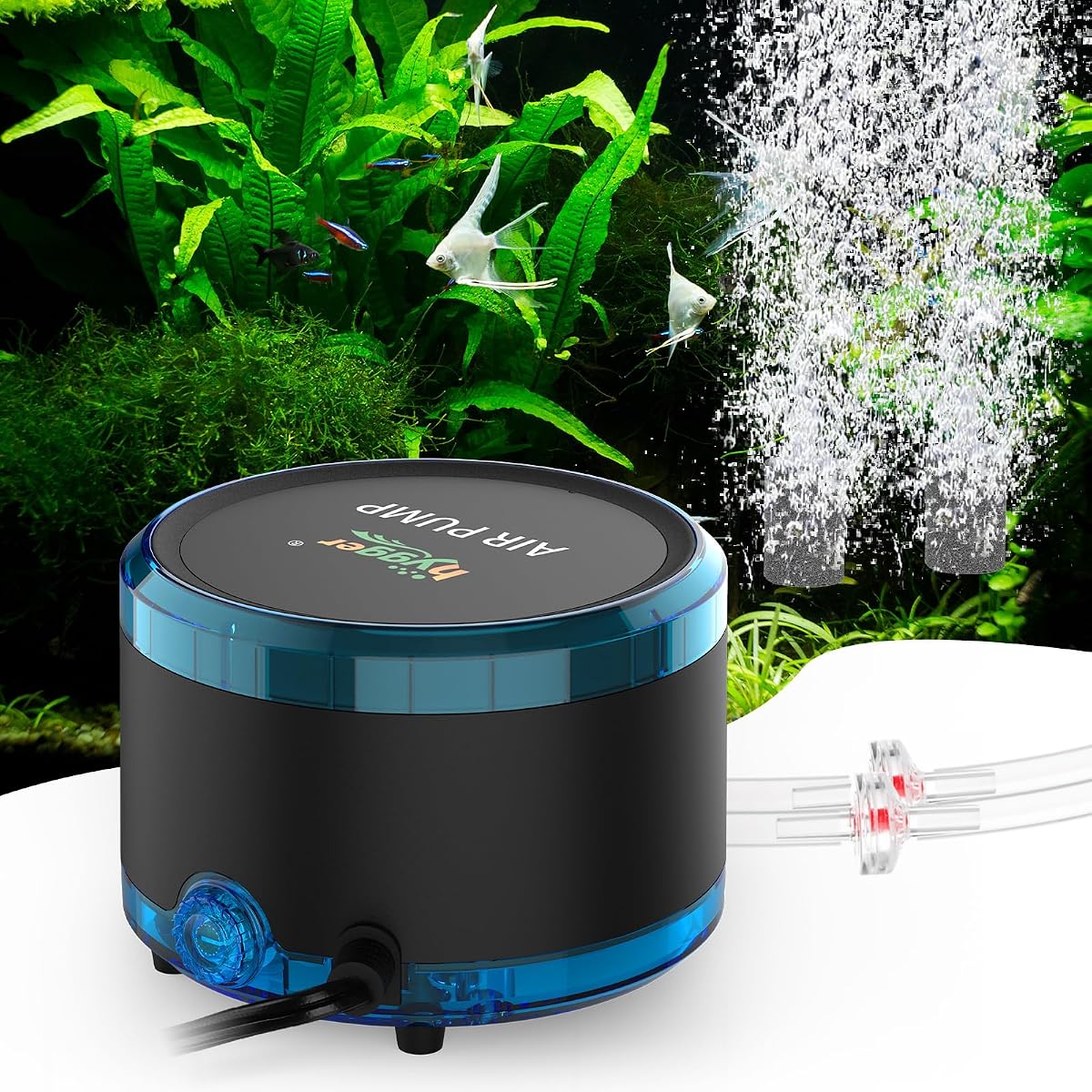 Hygger Bomba de aire para acuario de doble salida, potente aireador silencioso para pecera de 4 W/8 W, bomba de oxígeno ajustable con piedra de aire, burbujeador para pecera de hasta 200 galones
