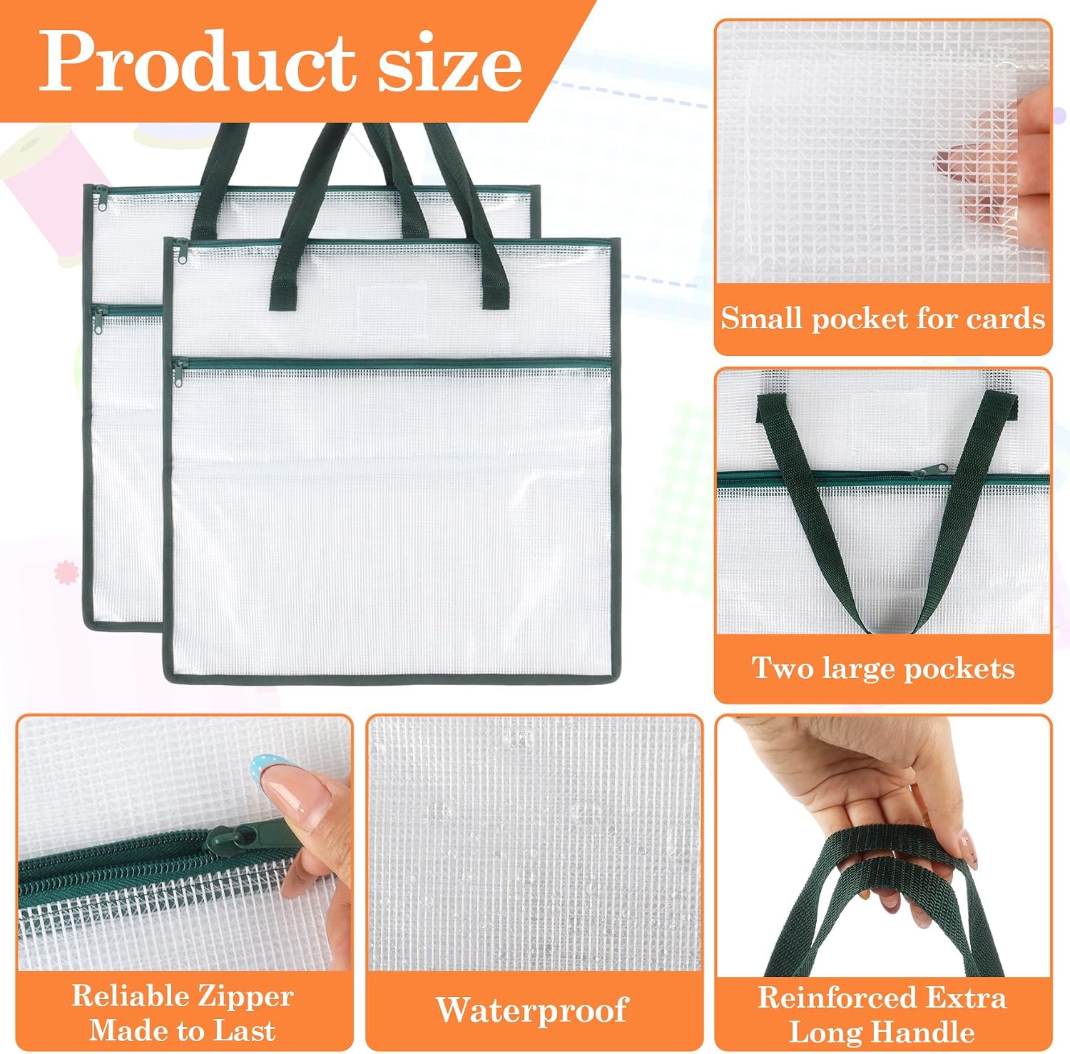 Klmnop 2 Pack Sewing Project Bags, 17.7x17.7 Inch Jumbo Needlepoint Project Zipper Pouch with Sewing Rulers for Quilter Crafter Art Stitching(Green)