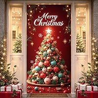 Vista 12 de Decoración de cubierta de puerta de Navidad, chimenea, letrero rojo para puerta delantera, árbol de Navidad rojo, telón de fondo para pared