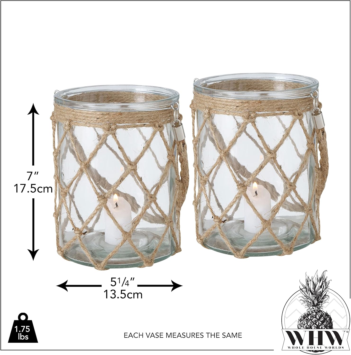Fishermans Hurricane Candle Lanterns, Set of 2, Clear Glass, Netted Jute, Rope Wrapped, Handles, 5.25 D x 7 H Inches