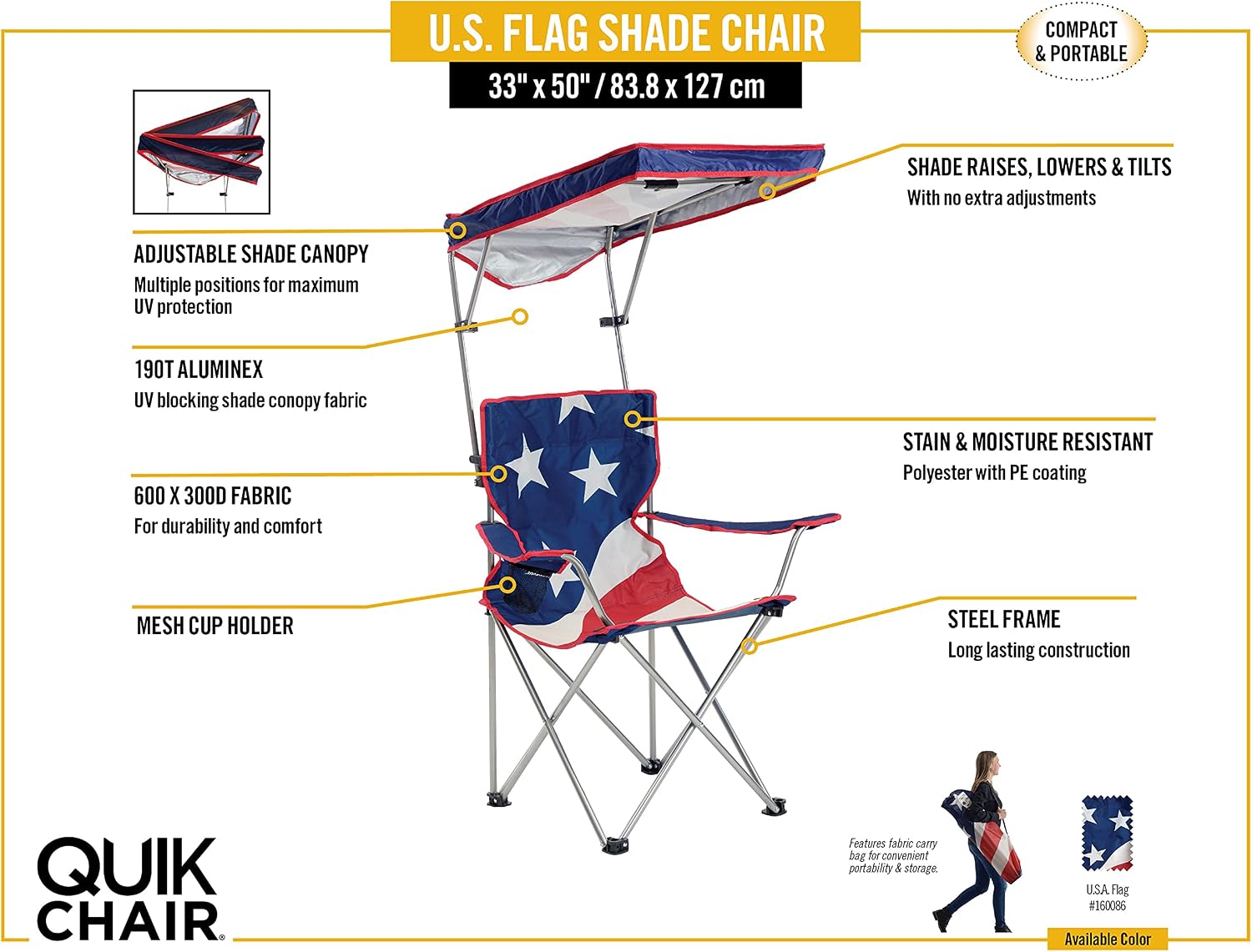 Quik Shade U.S. Flag Shade Folding Chair, 0.8'L x 0.8'W x 1.3'H, American Pride