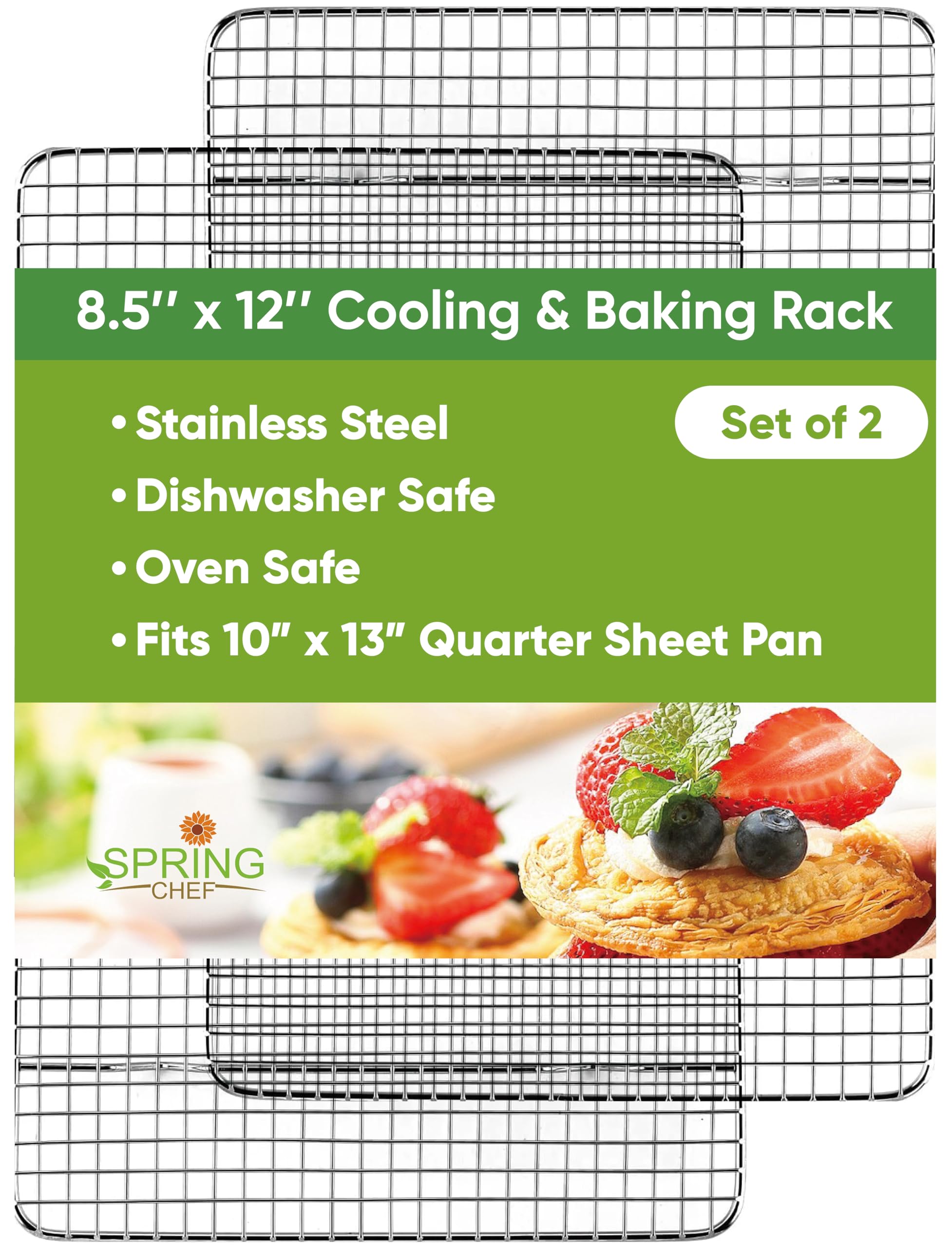 Spring Chef 8.5" x 12" Stainless Steel Cooling Racks, Wire Rack for Baking Sheet - Fits Small Quarter Sheet Pan - Perfect for Cooking, Baking,