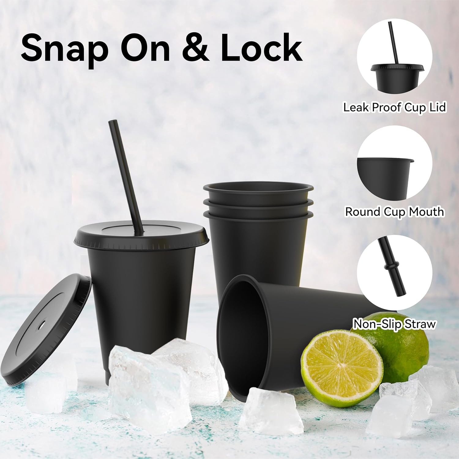 16 oz Plastic Cups With Lids and Straws, Sturdy & Food-Safe Iced Coffee Cups With Lid, Plastic Tumbler Reusable, Drinking Cups for Cold Drinks, Milkshakes, Smoothies - Black(15 Sets) - Image 3