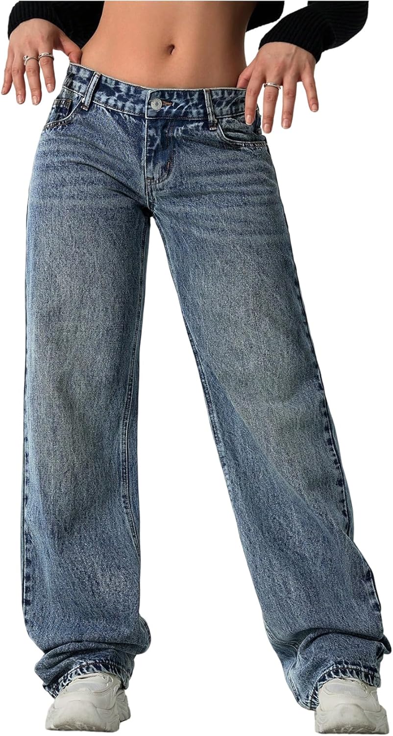 SweatyRocks Women's Low Waist Straight Leg Jeans Y2k Vintage Denim Pants with Pockets