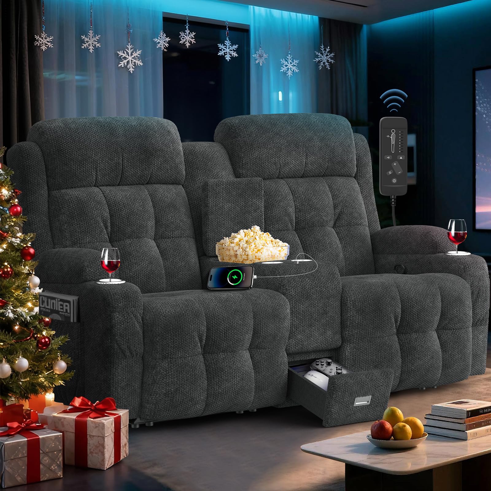 RV Loveseat Recliner Sofa, Home Theater Seating with Console &amp; Massage