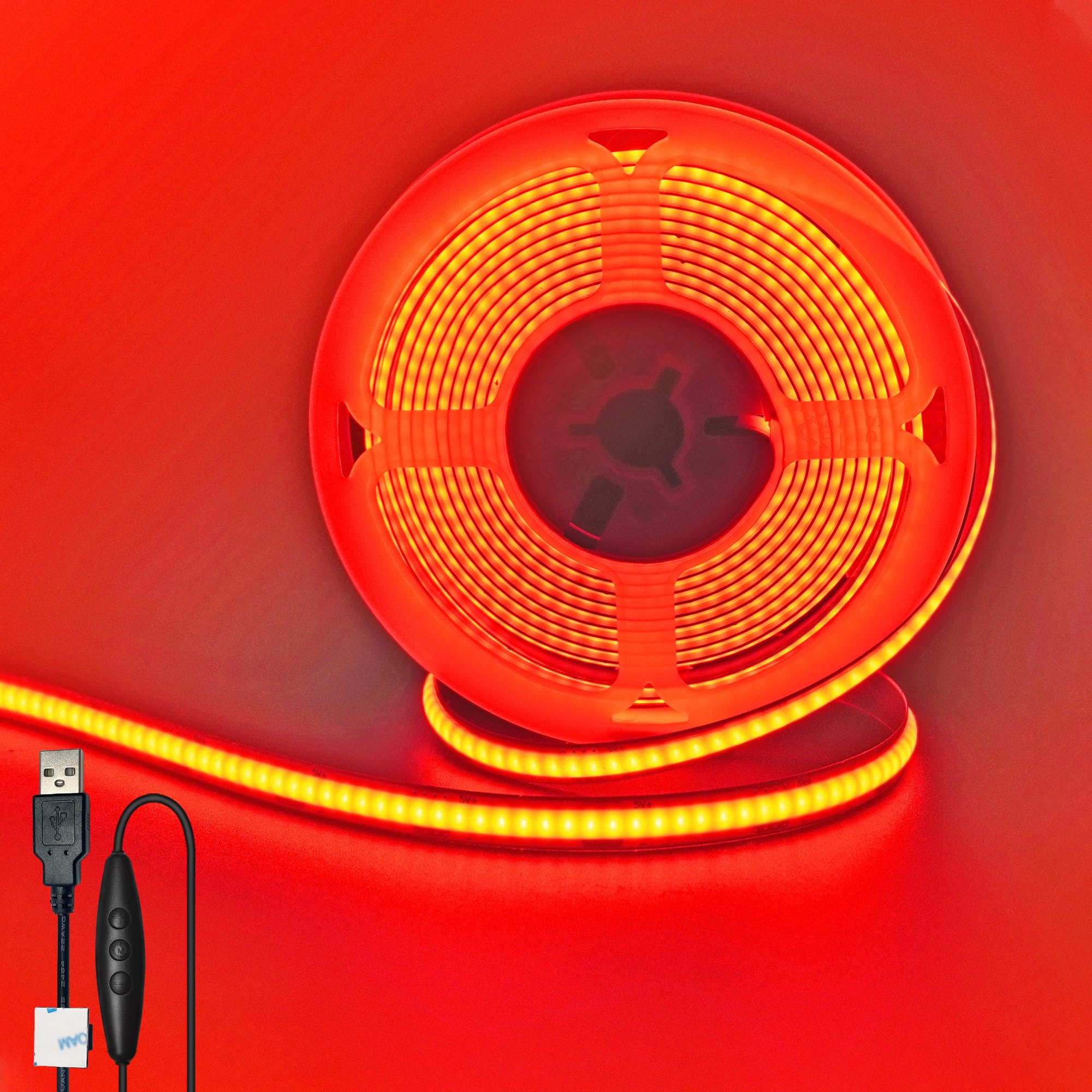 Clearhill Red 5V Usb Cob Led Strip Lights With Dimmable Switch,,8Mm Width 320Leds/M,8W/M,Cri90,6.56Ft/2M,Electroplated Double-Sided Panel Light Strip,Waterproof Ip20,For Indoor Decoration