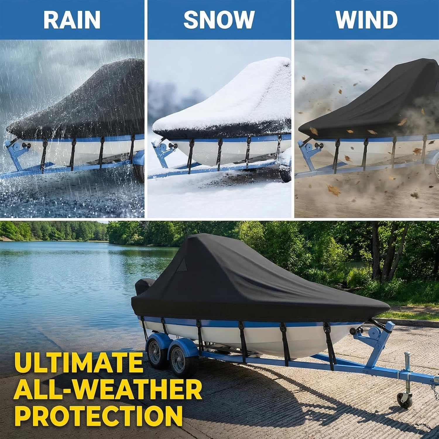 Wake Tower Boat Cover,1200D Heavy Duty Waterproof Wakeboard Boat Cover with Adjustable Metal Hooks,Fits 21ft-23ft V-Hull Boats with Ski/Wakeboard Tower, Black