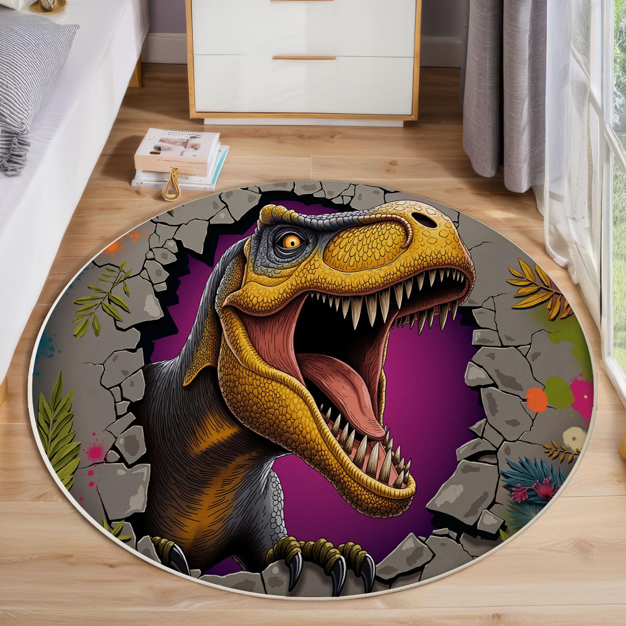 Fantasy Tierwelt Rund Teppich Waschbarer, 120cm Runder Wohnzimmer Schlafzimmer rutschfest Carpet, Flanell Dinosaurier Die Die Mauer Durchbrechen Küchenteppich, Weicher Kreis Senfgelb Teppich
