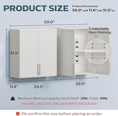 Miniatura 3 de Armario de pared grande para lavandería con estante ajustable, armarios de cocina montados en la pared con dos puertas cocteleras, almacenamiento