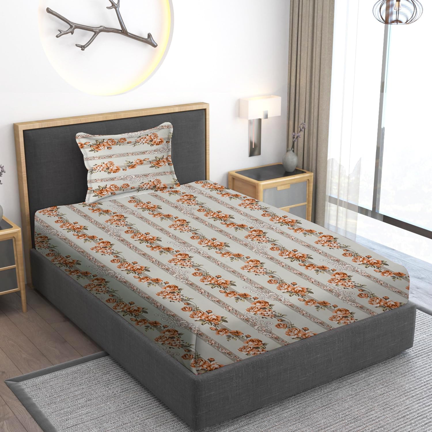 Home Stylish 280 TC Floral Print Ezyption Cotton 1 Single Bedsheet with 1 Pillow Cover Brown Rose