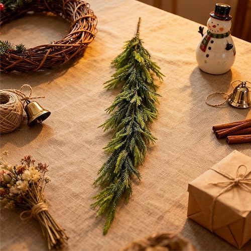 Miniatura 7 de 2 guirnaldas artificiales de pino Norfolk de 6 pies, guirnalda de Navidad de tacto real con 30 ramas, guirnalda de vegetación invernal para repisa