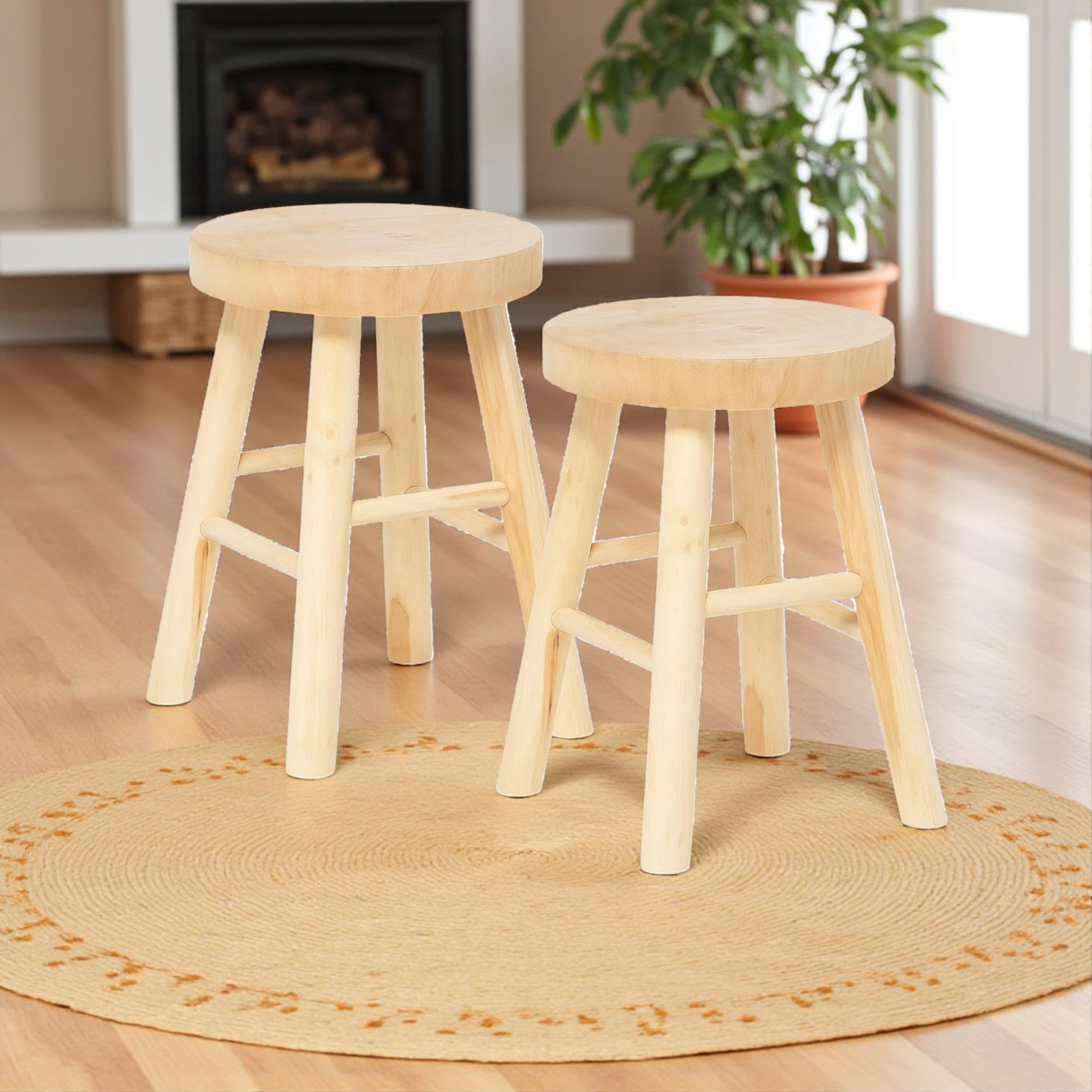 TIENDA EURASIA – Taburete Madera | Pack de 2 | Medidas 28x41 cm | Color Natural | Material Madera de Paulownia | Redondo