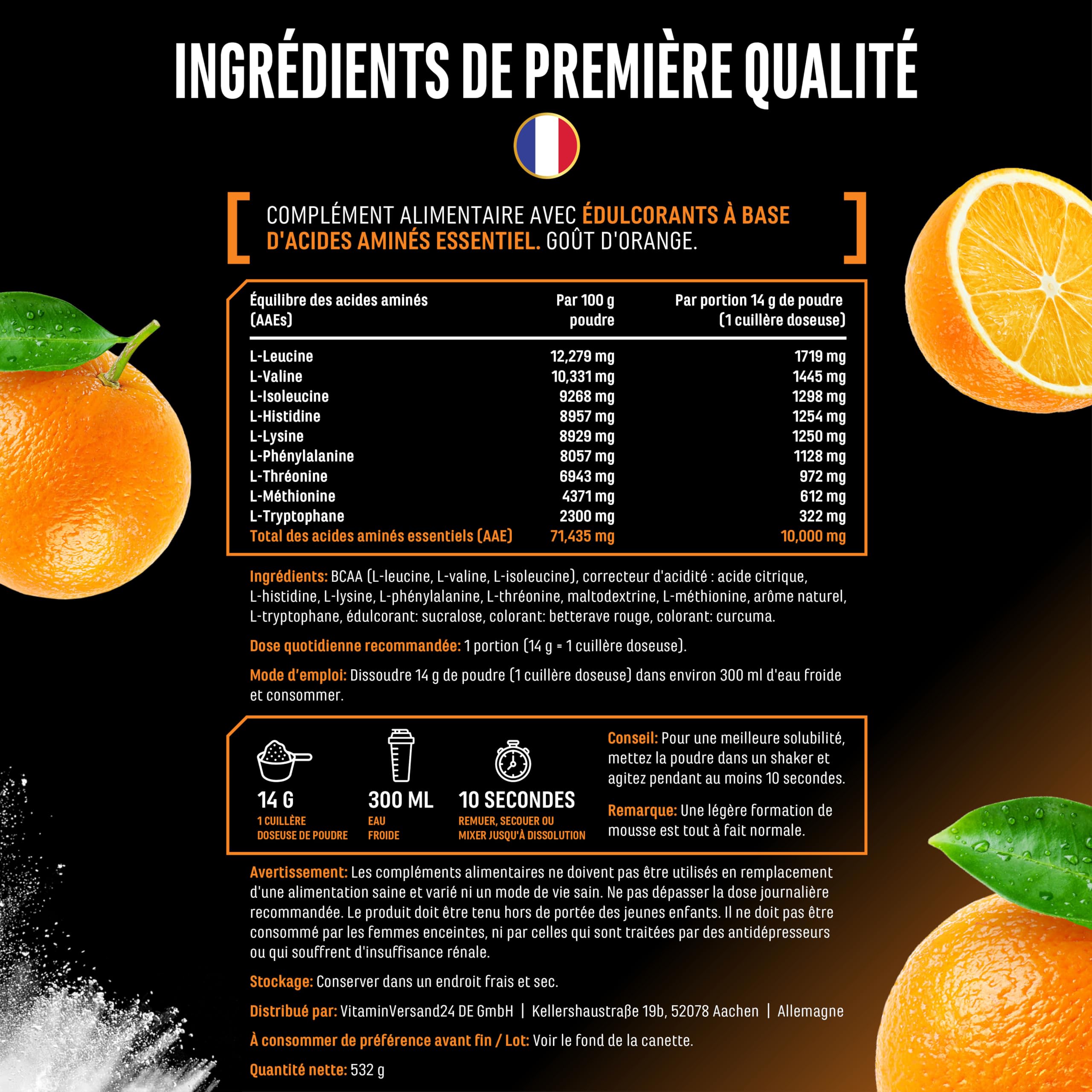 Poudre d’EAA 532 g (38 Portions) - les 9 Acides Aminés Essentiels incl. Histidine & BCAA - Formule Human Code - Végane - Très Bonne Solubilité - Boisson d’Acides Aminés Rafraîchissante (Sweet Orange)