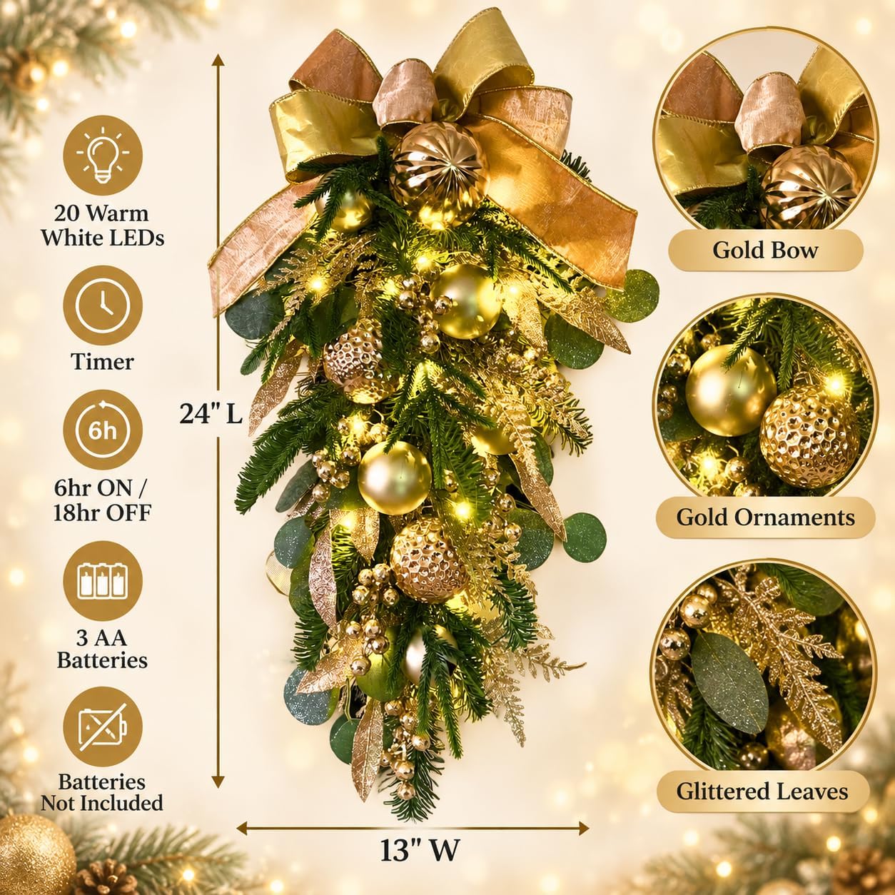 24 Inch Lighted Christmas Teardrop Swag with Timer and Gold Bow