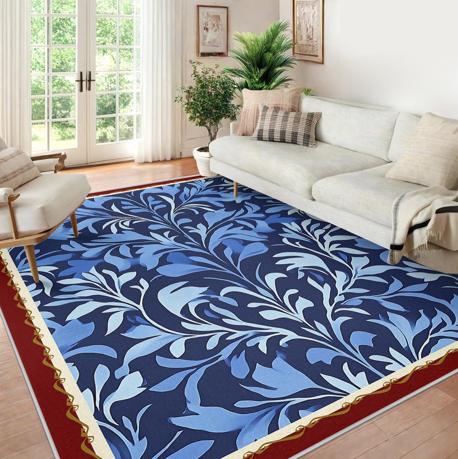 Styl Vintage 120 x 150 cm - Dywaniki do salonu 120 x 150 cm - Botaniczne klasyczne dywaniki z nadrukiem liści niebieski miękki puszysty prostokątny dywanik do łóżka
