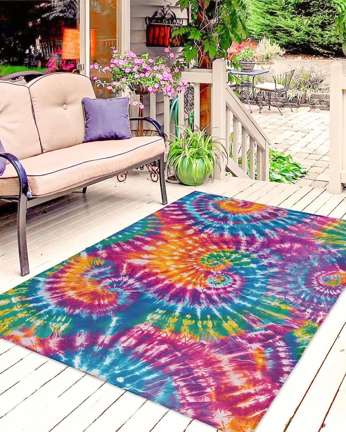 Outdoor Rug 4x6 ft Colorful Tie-Dye Art Outdoor Large Area Rug Non Slip Rubber Abstract Boho Dyeing Front Door Mat RV Rug Camping Carpet Patio Outdoor Rugs for Backyard Balcony Deck Porch Indoor