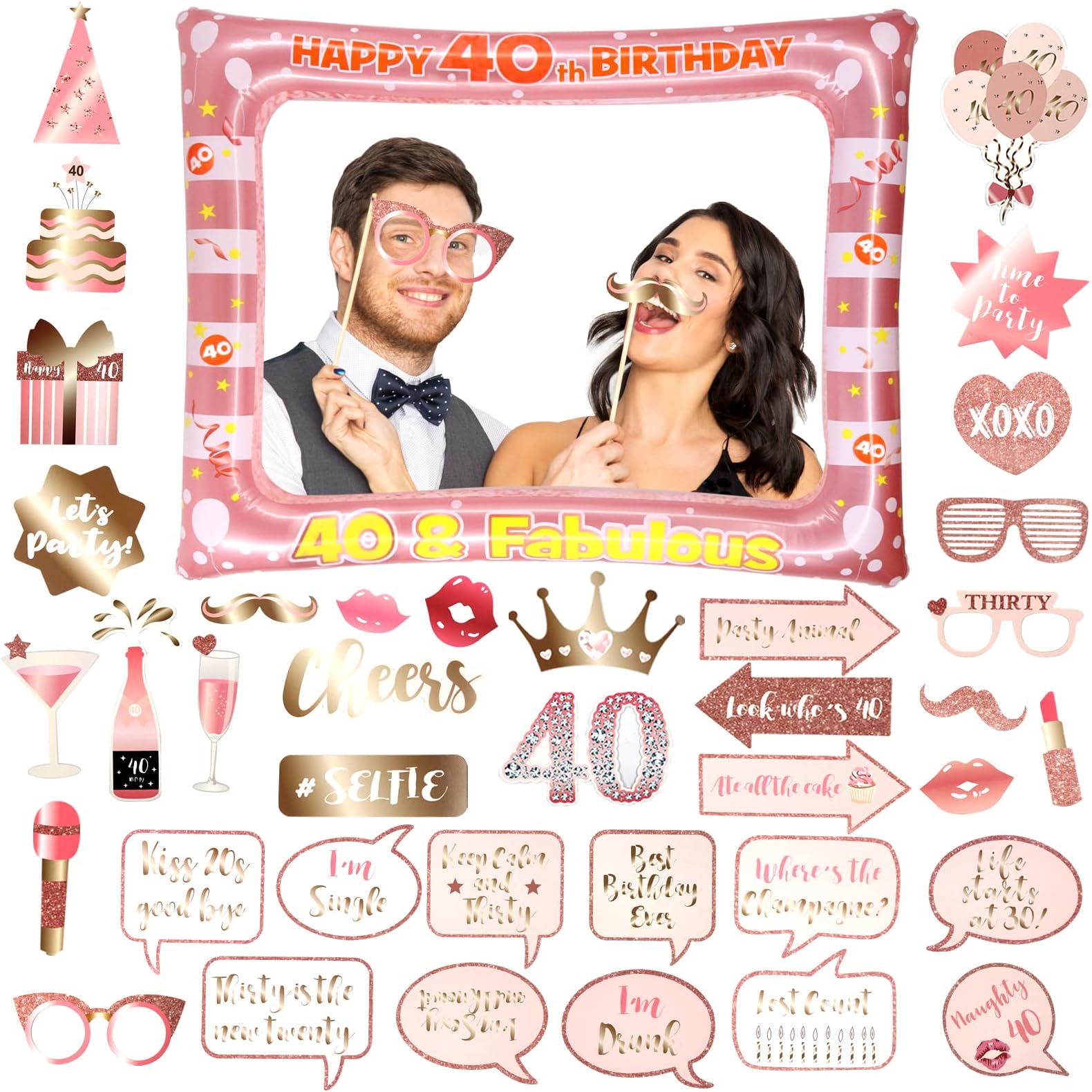 40th Birthday Photo Booth Props and Inflatable Selfie Frame, 35 Pcs 40th Funny DIY Birthday