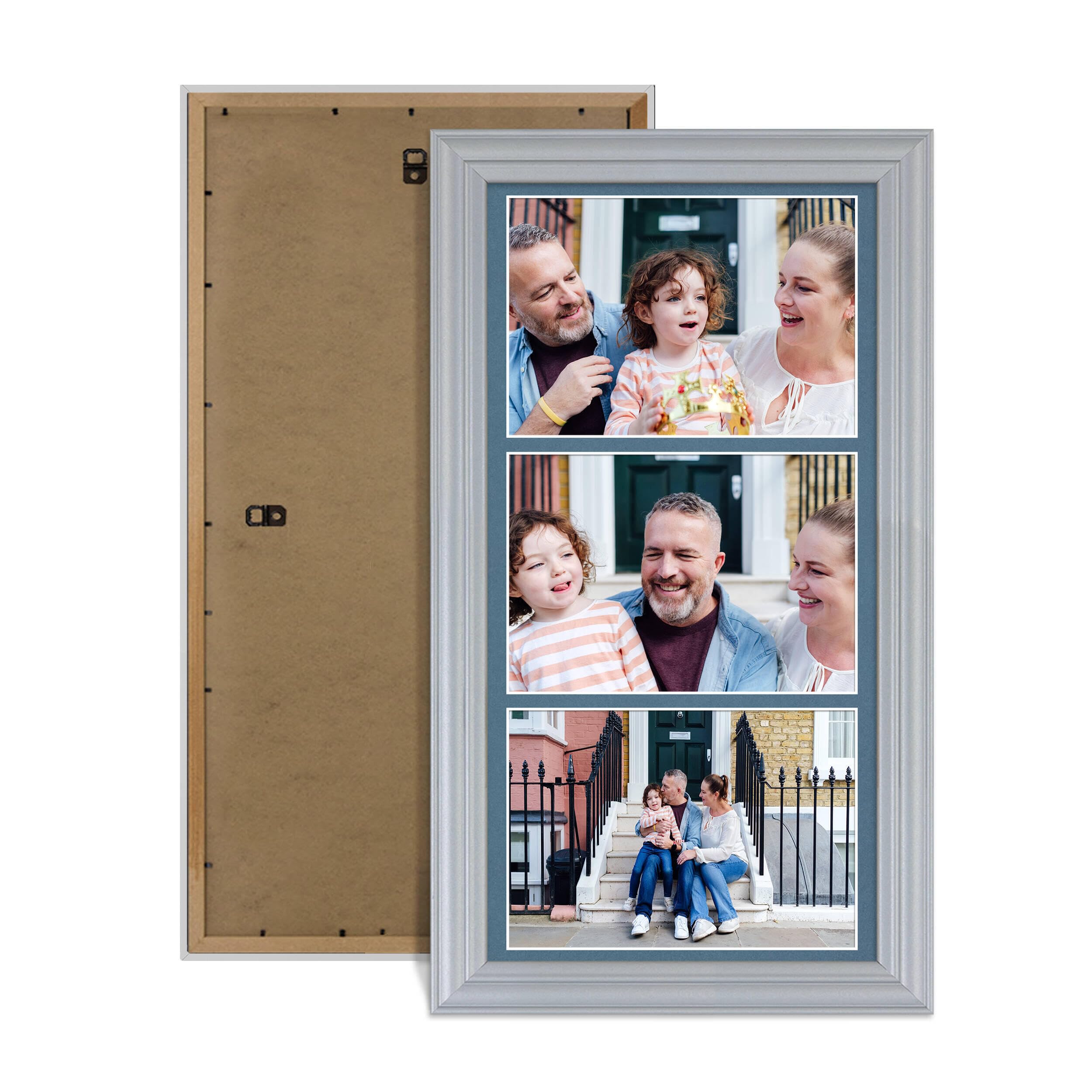 Alison Kingsgate Silver 16x8 Photo frames for multiple pictures- 3 Apertures Collage Frame with Pompadour Mount - Holds (3x) 7x5 Photos - Engineered Wood & Perspex