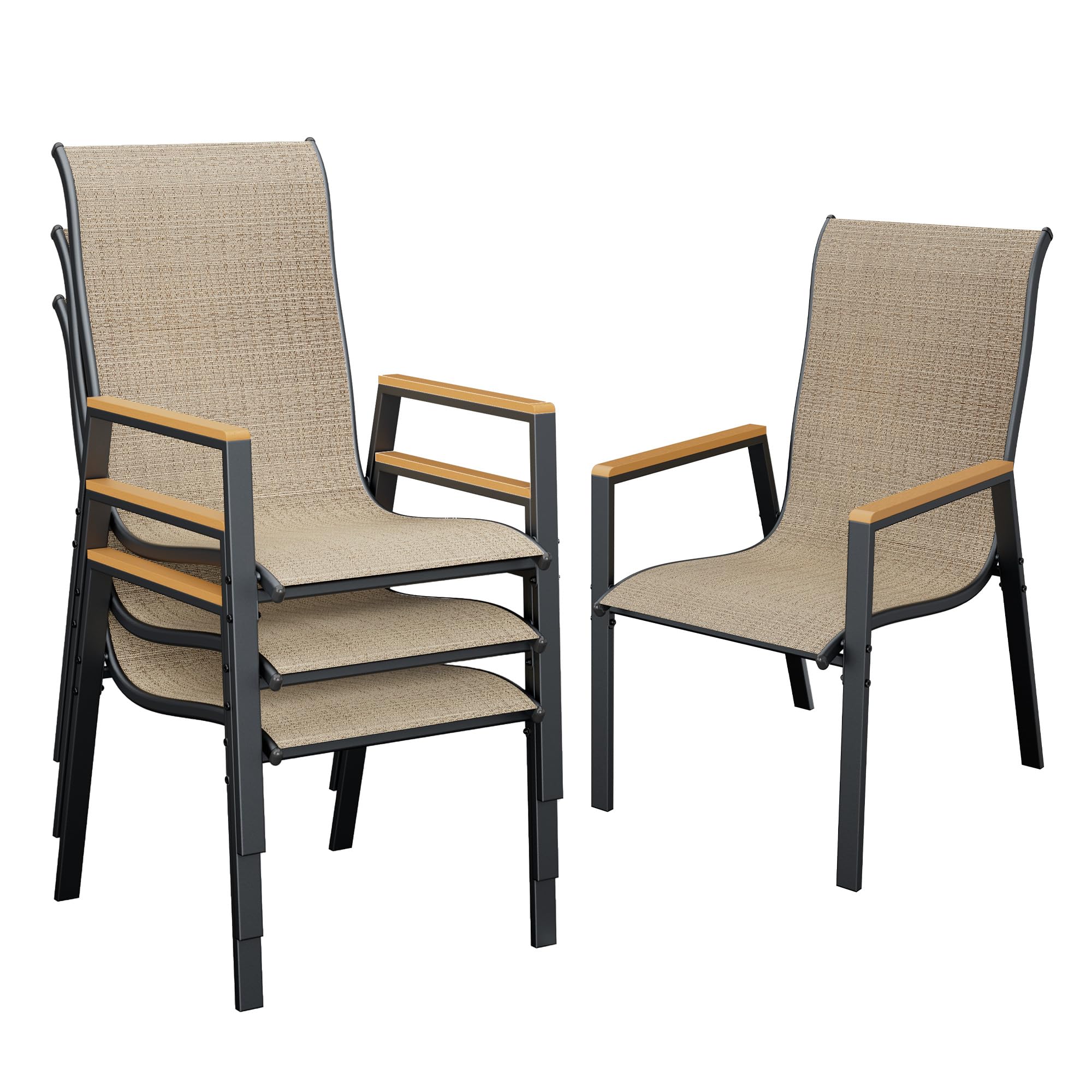 UDPATIOPatio Chairs Set of 4, Outdoor Stackable Dining Chairs with High Back, Patio Furniture Chairs with Armrest for Lawn Backyard Deck, Brown