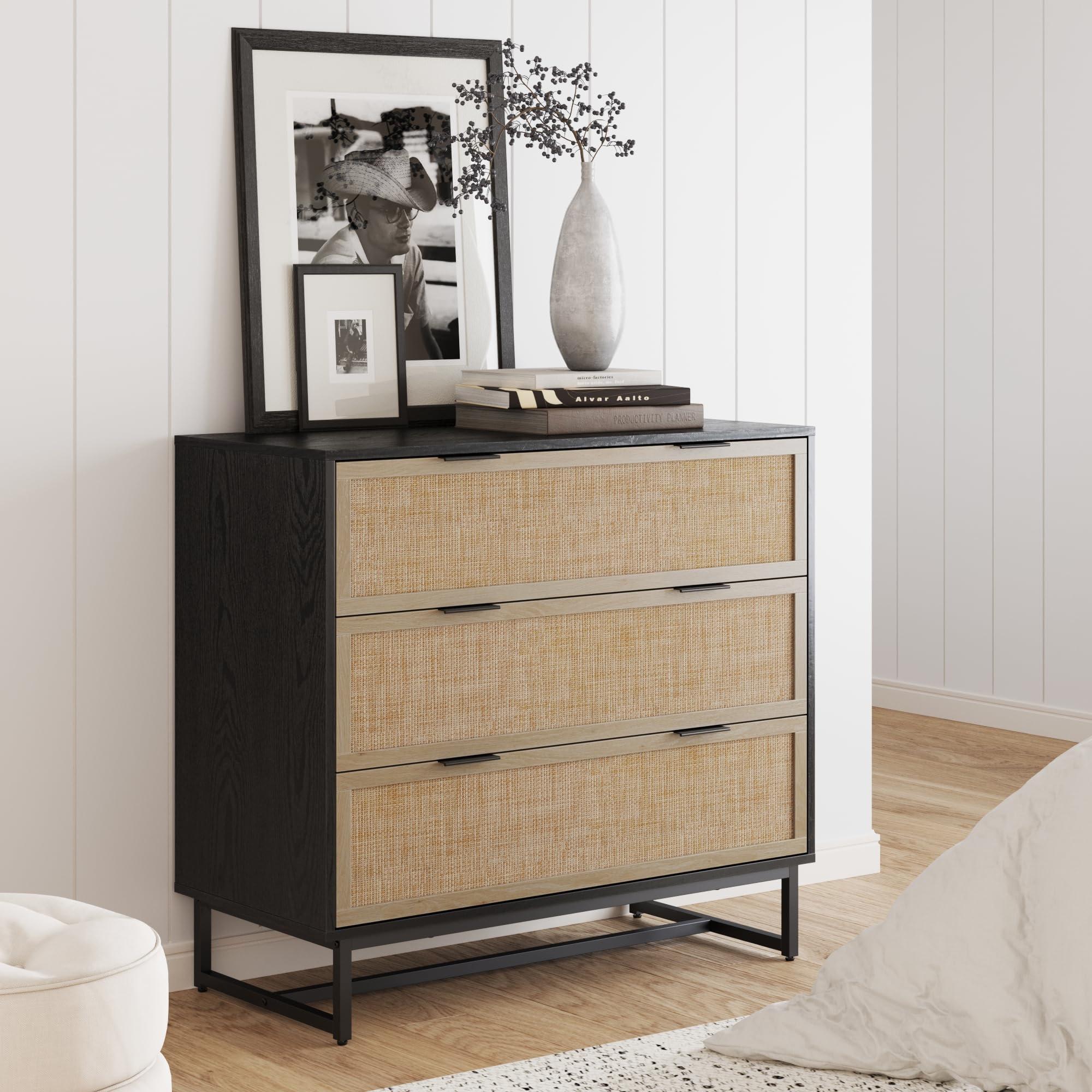 Nathan James Kova Boho Dresser or Storage Cabinet with Drawers for Bedroom or Nursery with Textilene Rattan Accent and Metal Legs, Black Oak