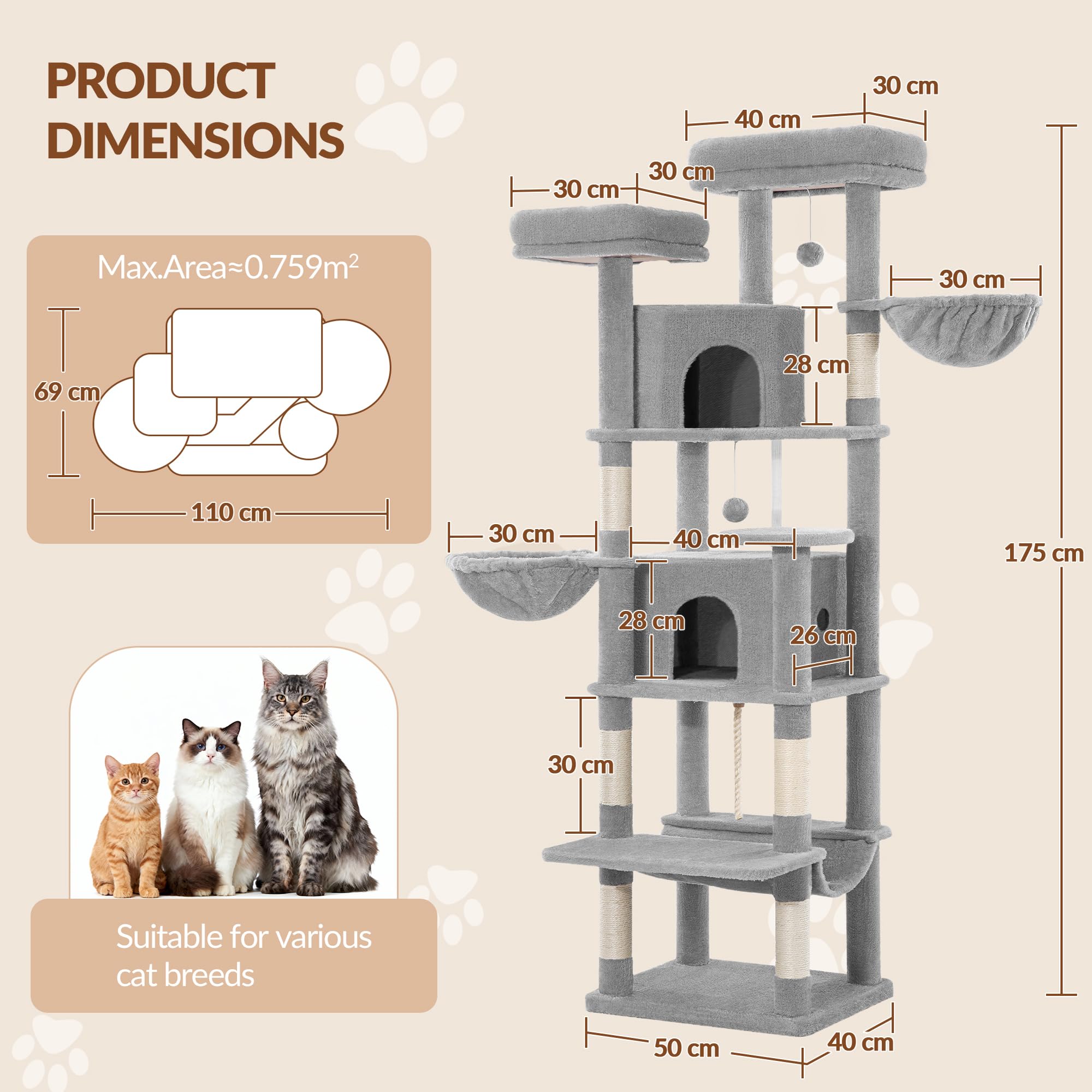 Árbol Rascador para Gatos 175 cm, Torre para Trepar, Gris Claro | Postes Rascadores, 2 Cómodas Casetas, 2 Perchas, 2 Cestas, Hamaca, para Uso en Interiores FPMS006FG1