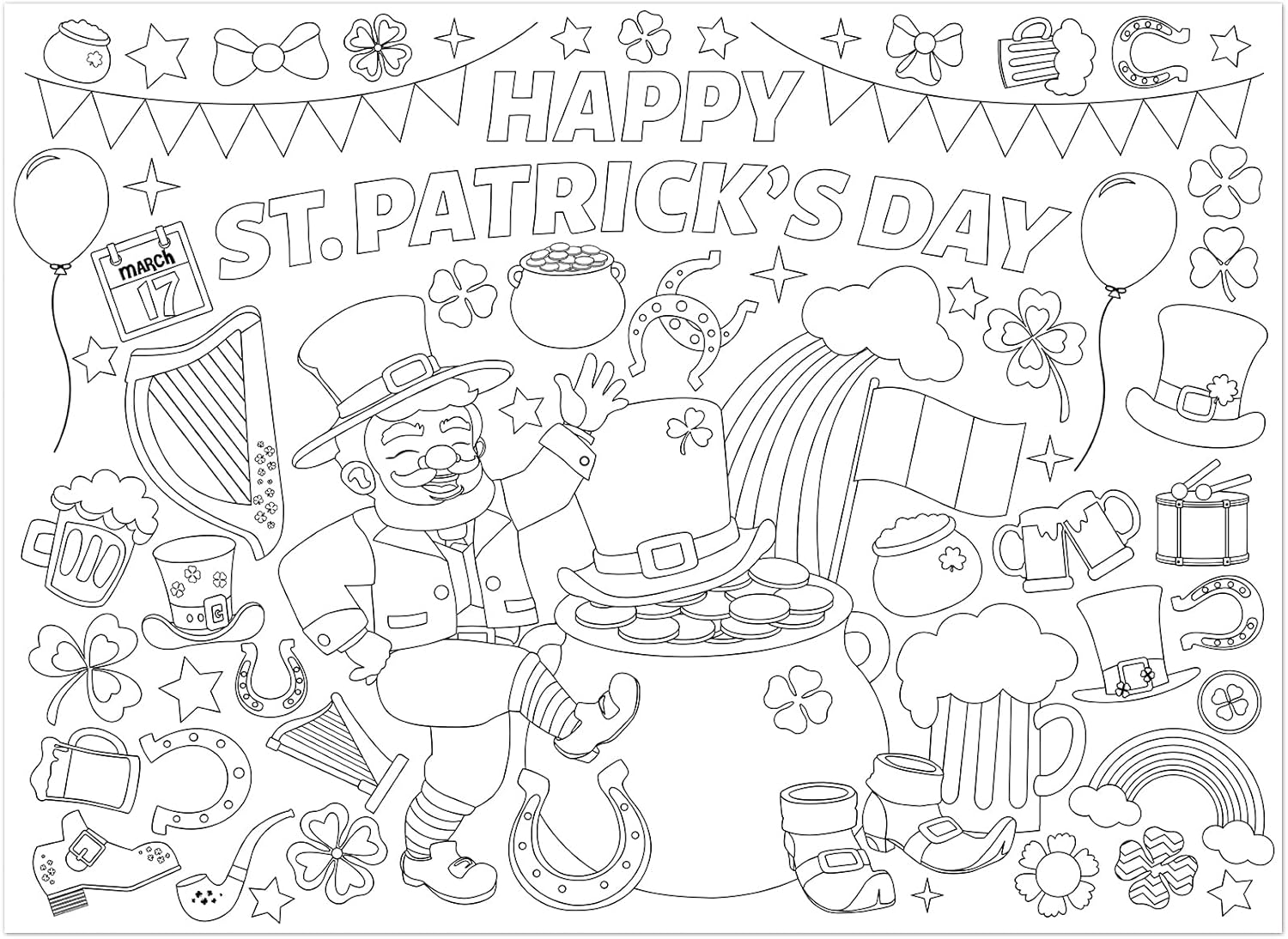 WorldBazaar St Patrick's Day Coloring Poster for Kids Classroom 3PCS Large Lucky Leprechaun Shamrock Clover Irish Themed Activity Poster Classroom School St Patrick's Day Decoration
